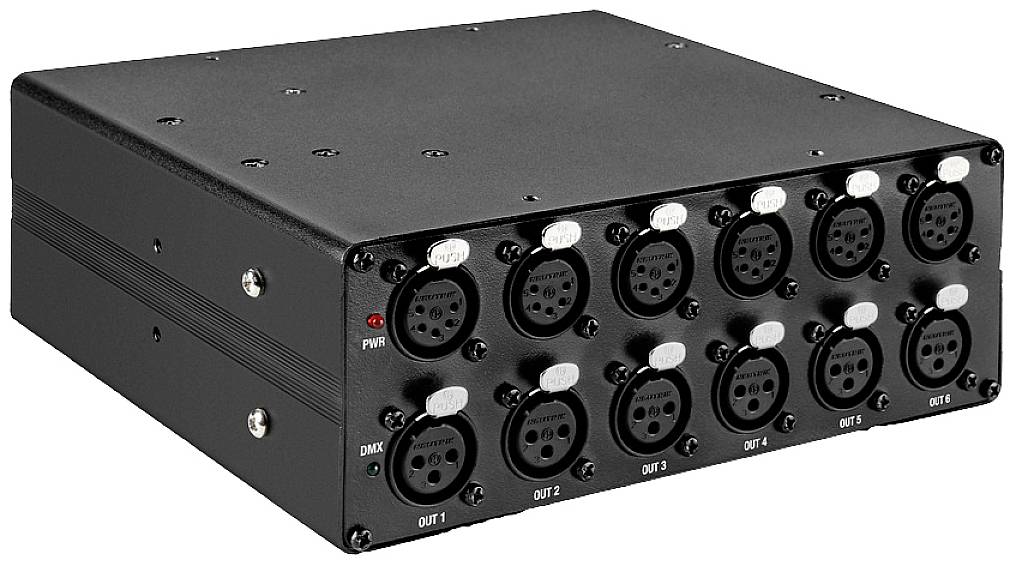 Černý DMX rozbočovač s 8 XLR konektory, indikátory napájení a DMX, používaný pro distribuci DMX signálů.
