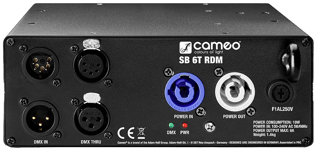 Zadní strana zařízení Cameo SB 6T RDM s konektory pro DMX a napájení. Obsahuje údaje o příkonu a hmotnosti.