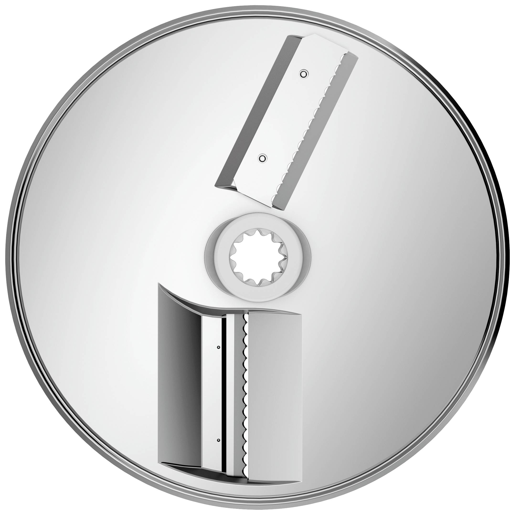 Kulatá stříbrná kuchyňská struhadlo se dvěma vyměnitelnými čepelemi na kovovém povrchu. Ideální na sýry a zeleninu.