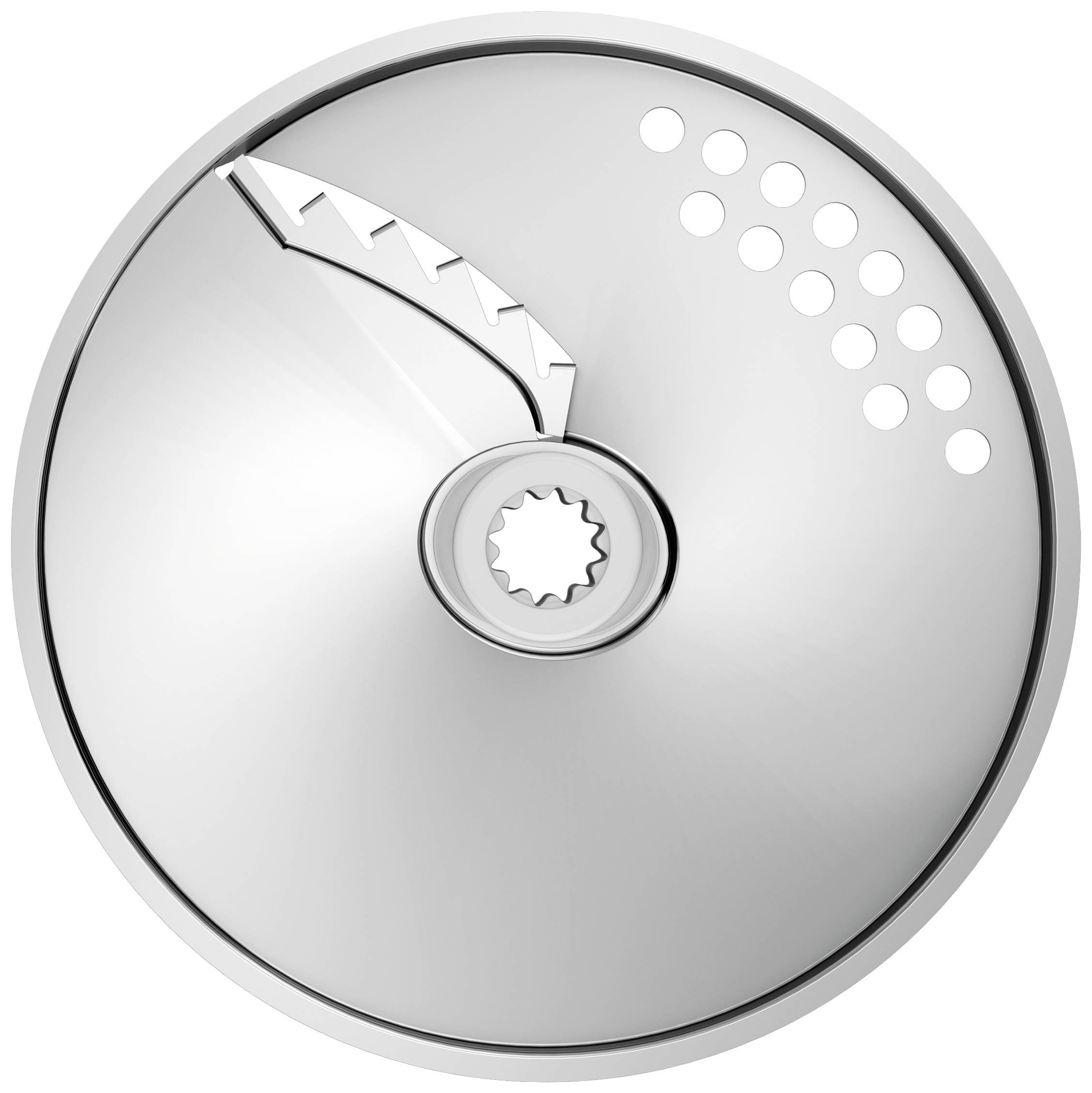 Kulatý stříbrný kovový disk se zubatým okrajem a devíti malými dírkami v řadě, připomínající pilový list.