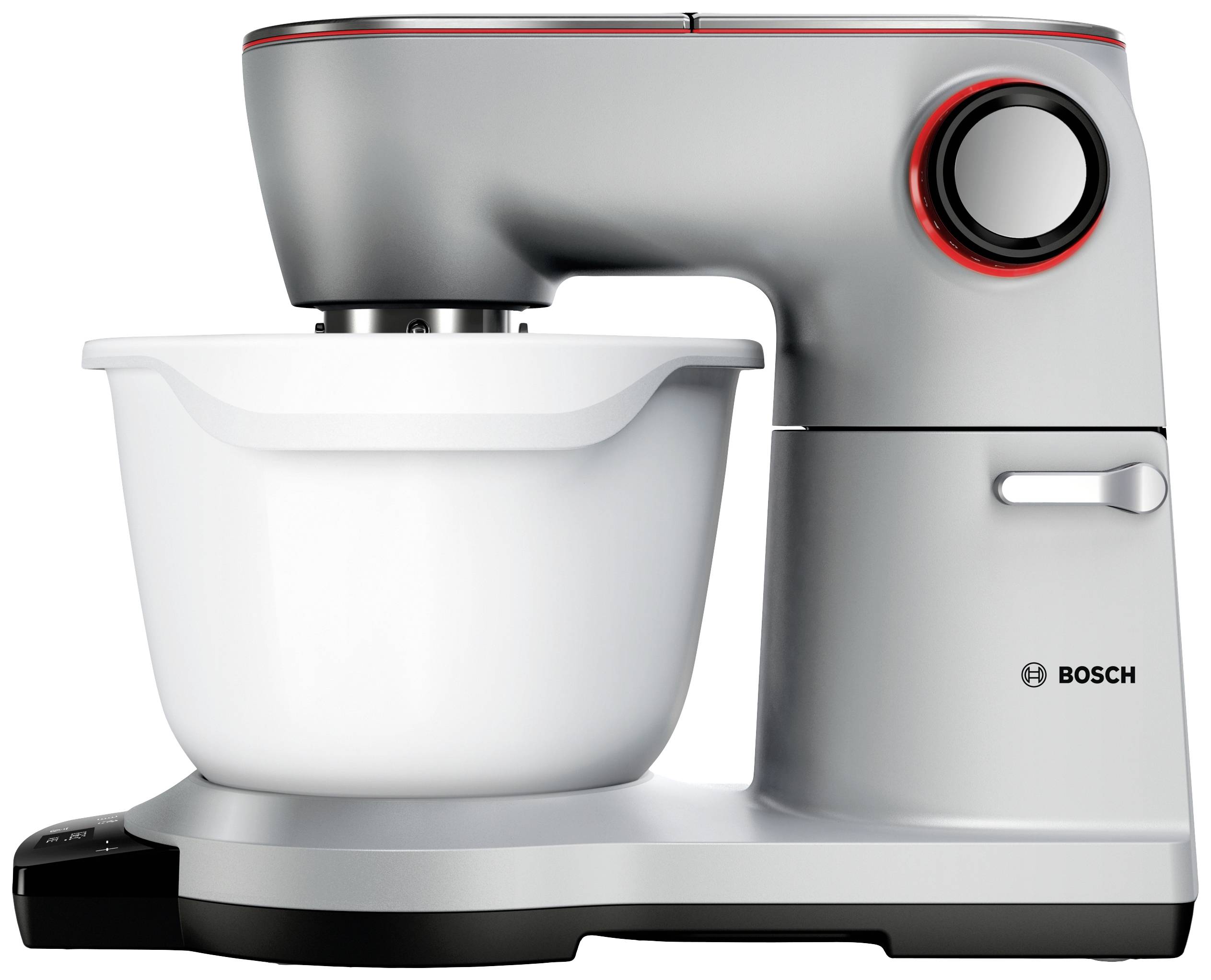 Stříbrný kuchyňský robot s bílou mísou. V levém dolním rohu je vidět logo Bosch.