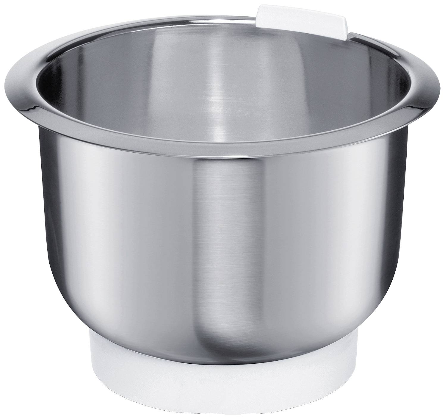 Kovová mísa s držadlem do kuchyňského robotu, stříbrná barva.