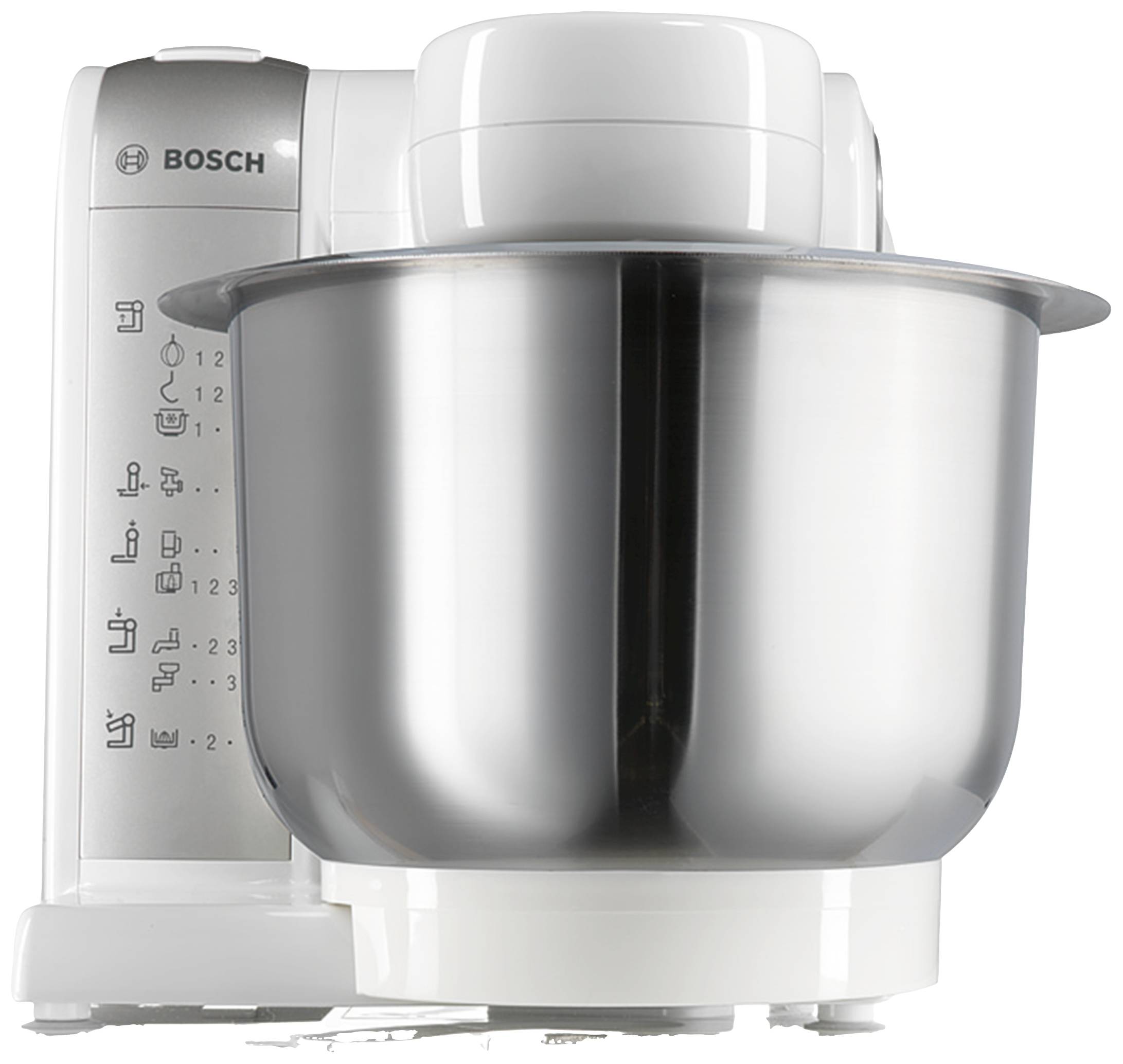 Kuchyňský robot s velkou nerezovou míchací mísou a ovládacími tlačítky na straně, vhodný pro různorodé přípravy.