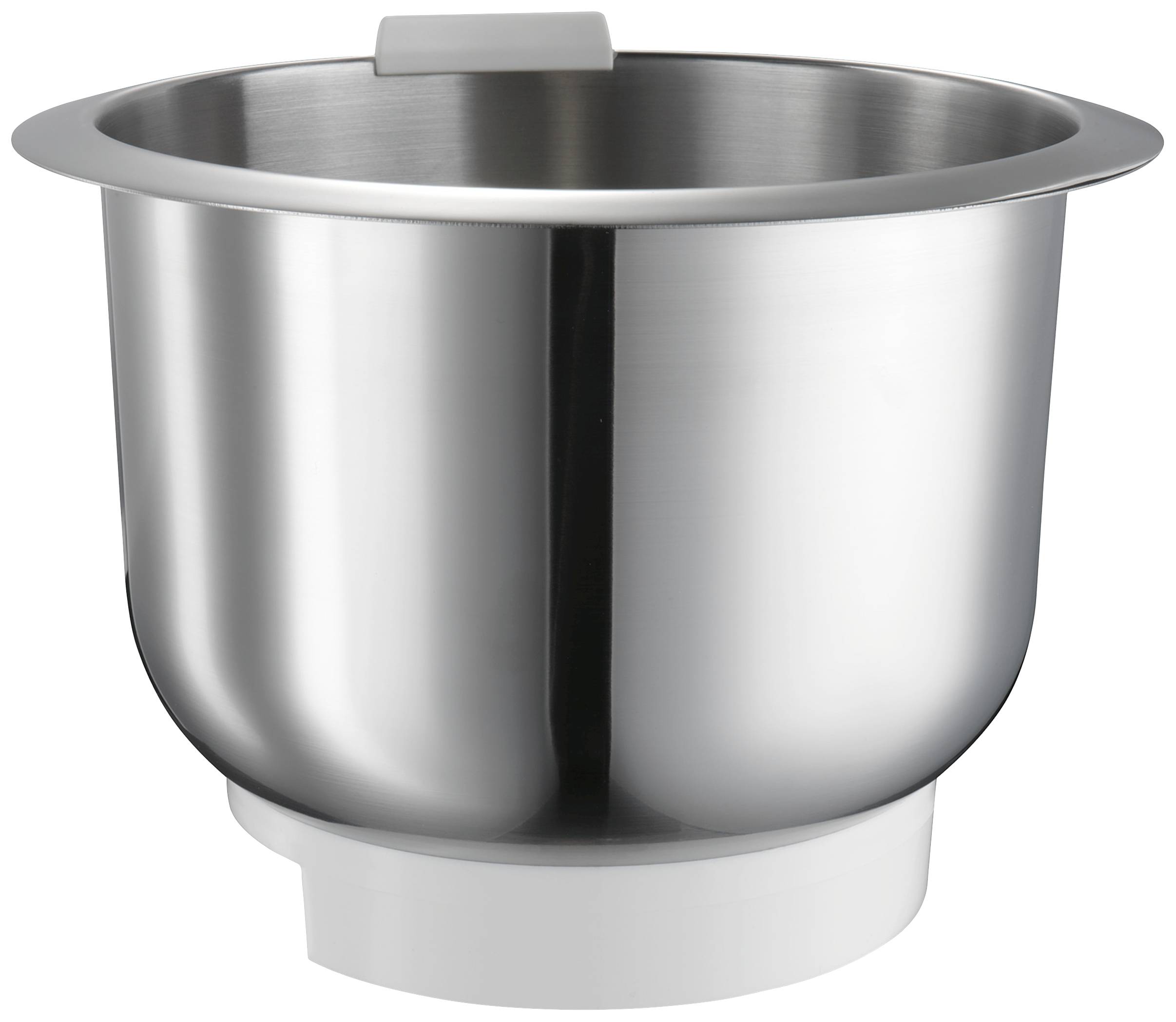 Nerezová míchací mísa s rukojetí, vhodná pro kuchyňské roboty.