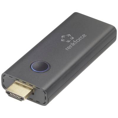 HDMI adaptér obdélníkového tvaru, s názvem značky 'renkforce', a kulatým tlačítkem. Hlavní účel: propojení zařízení.