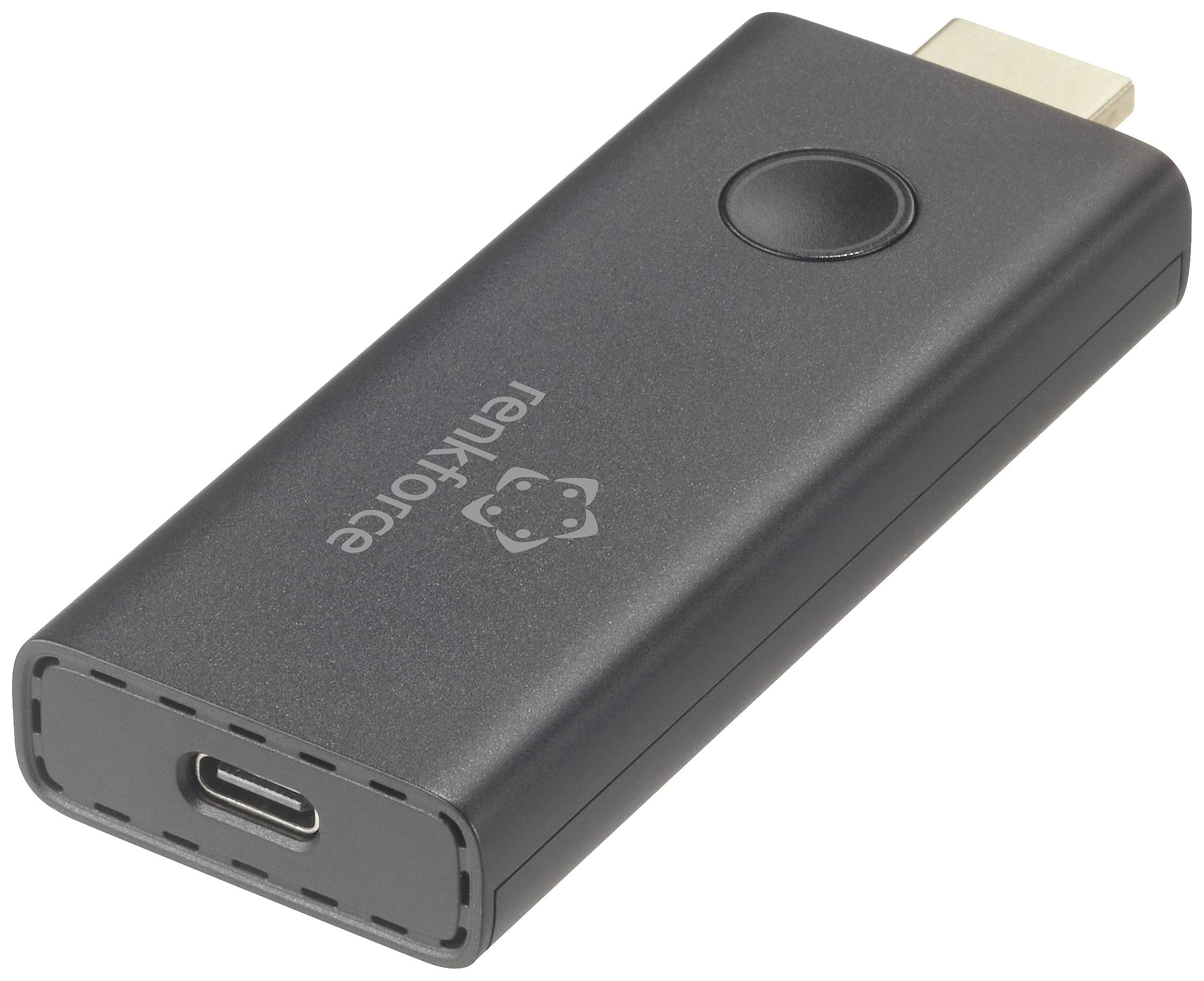 Černý HDMI stick značky 'renkforce' s tlačítkem, vybavený USB-C portem a HDMI konektorem.