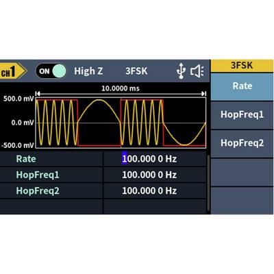 Osciloskopický displej zobrazuje 3FSK modulaci se žlutou vlnovou formou a červenými značkami. Frekvence: Rychlost 100 Hz, HopFreq1/2: 100 Hz.