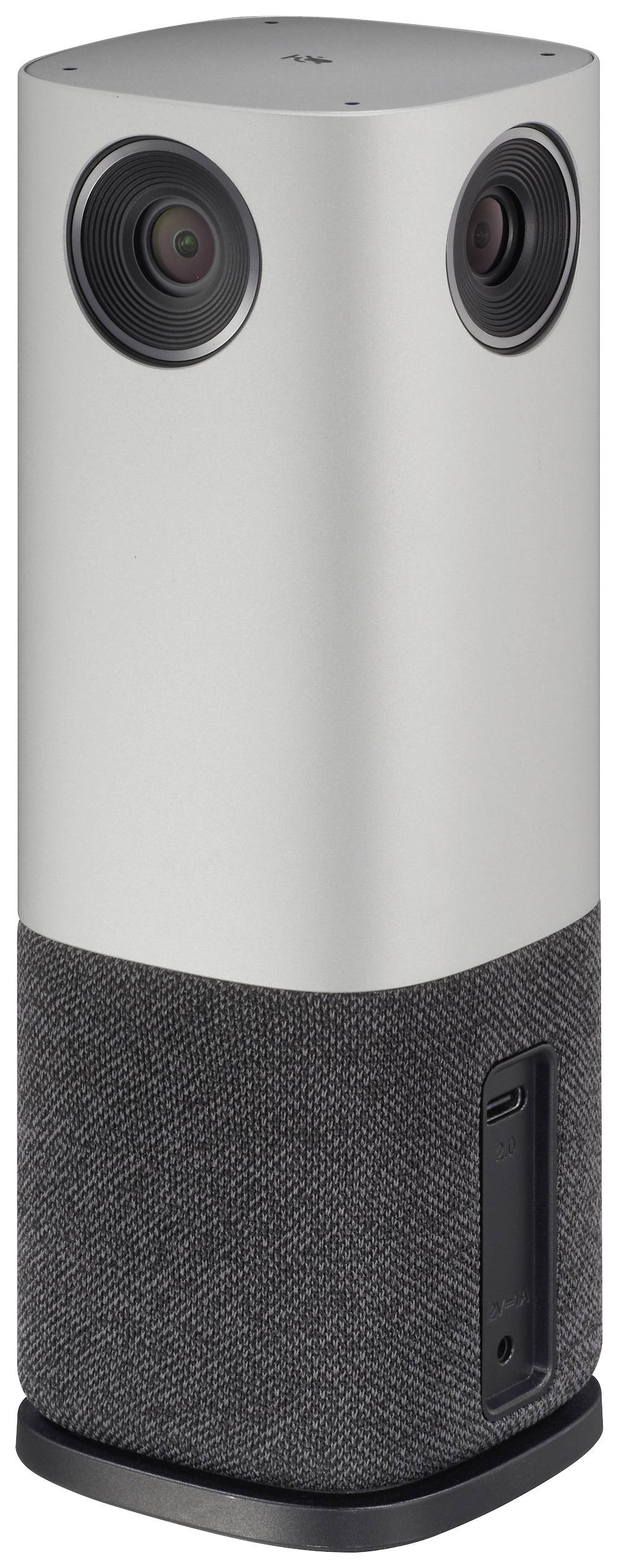 Stříbrně šedý válcovitý reproduktor se dvěma kamerami nahoře, USB portem a texturovanou spodní polovinou.