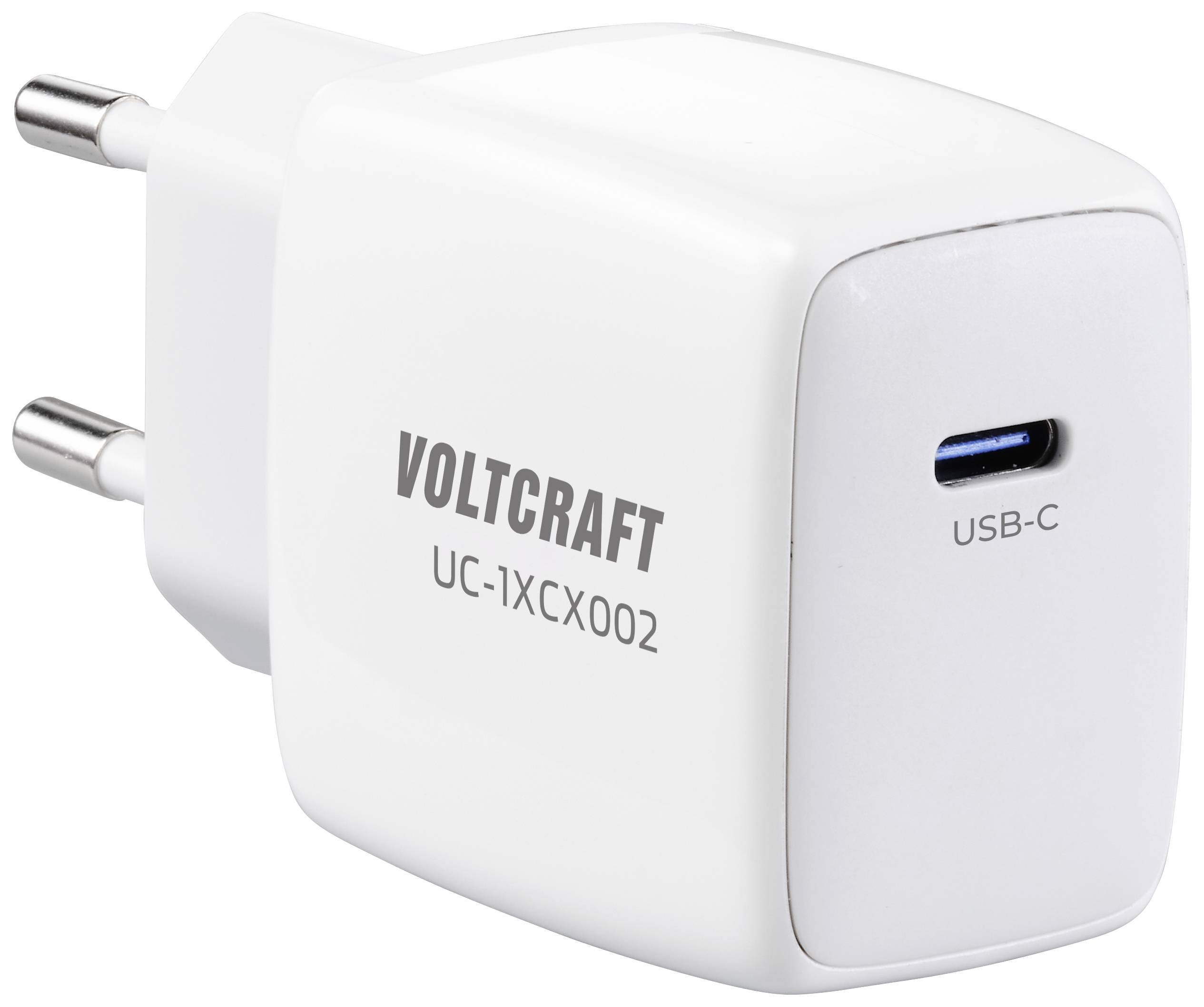 Bílá USB-C nabíječka s eurokonektorem, značka 'Voltcraft', model 'UC-1XCX002'.