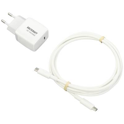 Bílá USB-C nabíječka s odpovídajícím kabelem, vhodná pro elektronická zařízení. Nabíječka má dva evropské síťové konektory.