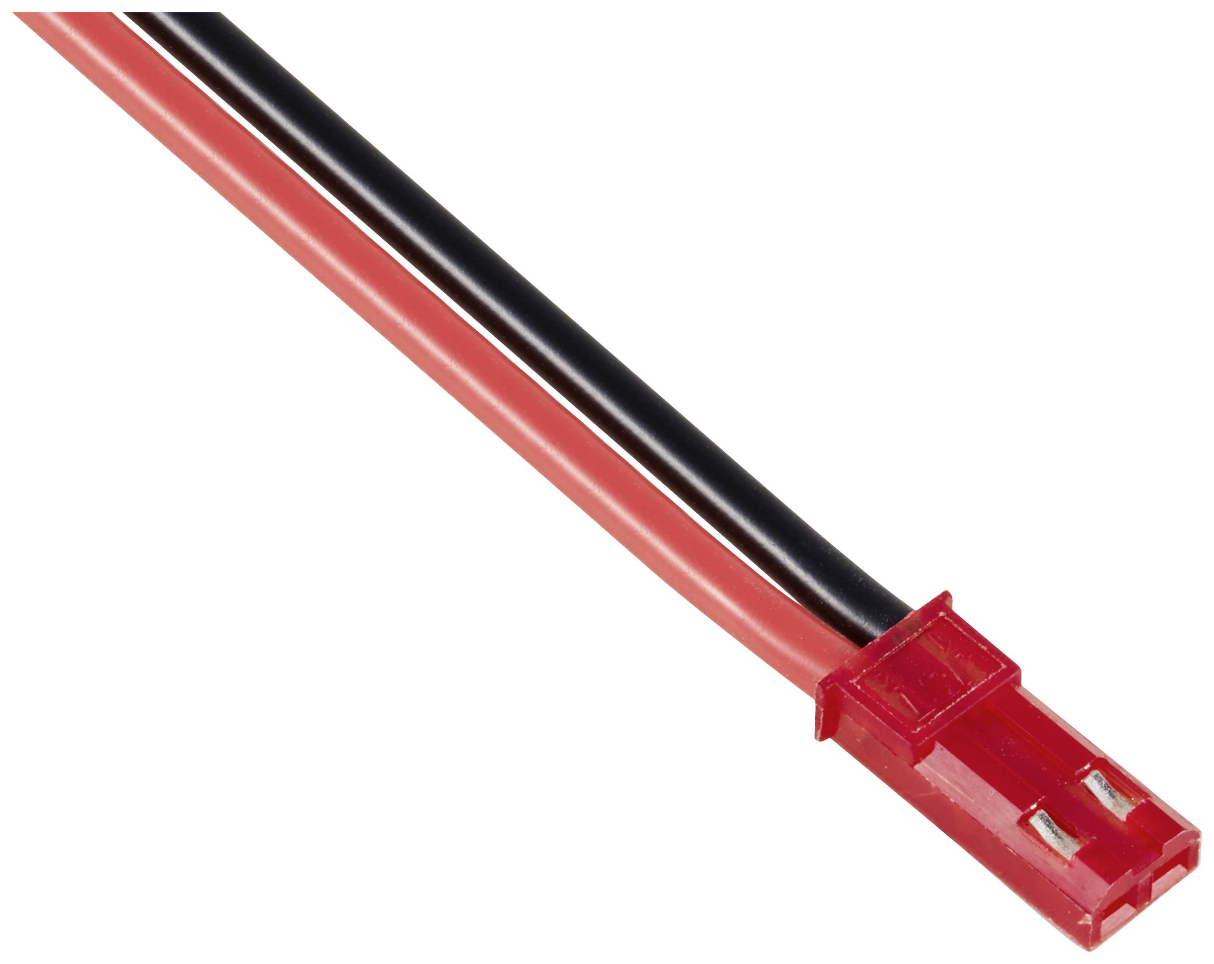 Červený a černý kabel s obdélníkovým připojovacím konektorem na konci, používaný pro elektronická propojení.