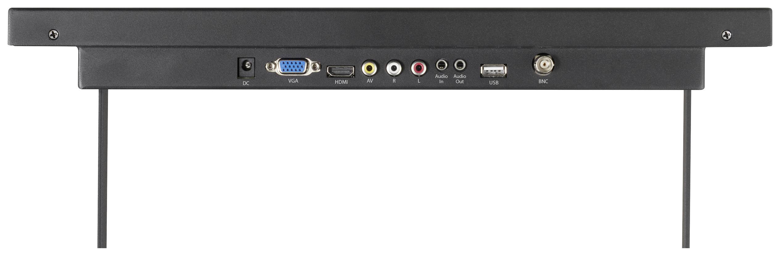 Zadní strana elektronického zařízení s konektory: VGA, HDMI, AV, Audio, USB, RS232. Ideální pro multimédiální připojení.