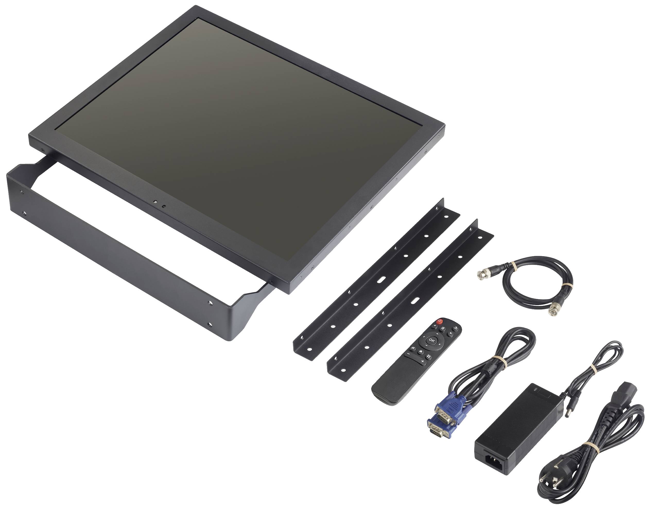 Monitor s příslušenstvím: nástěnný držák, dálkové ovládání, VGA kabel, napájecí kabel, HDMI kabel a adaptér. Vše na bílém pozadí.