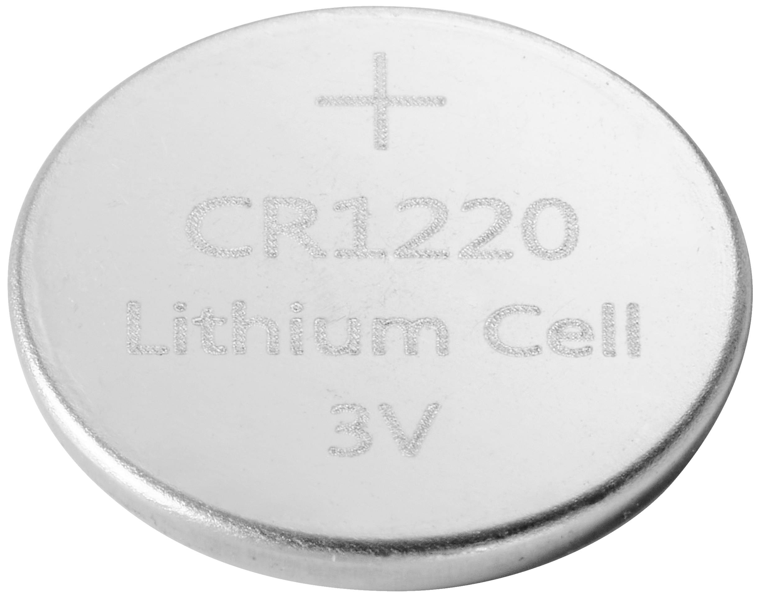 Knoflíková baterie CR1220, 3V lithiový článek, stříbrný povrch, kladný pól označen '+'.