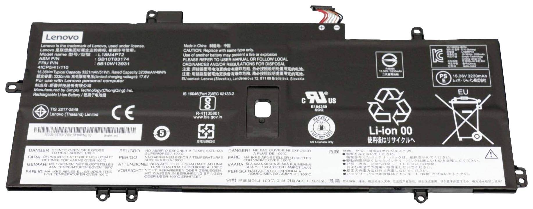 Baterie notebooku Lenovo, opatřená bezpečnostními a recyklačními pokyny a technickými specifikacemi.