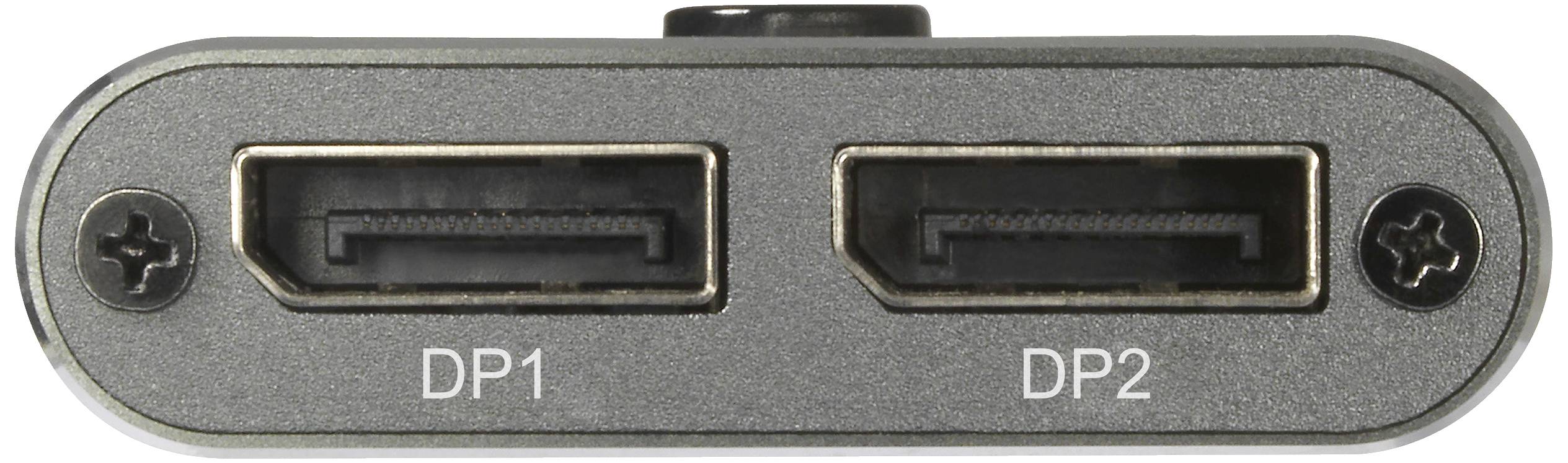 Dva DisplayPort konektory na elektronickém zařízení, označené jako 'DP1' a 'DP2', vhodné pro připojení monitorů.