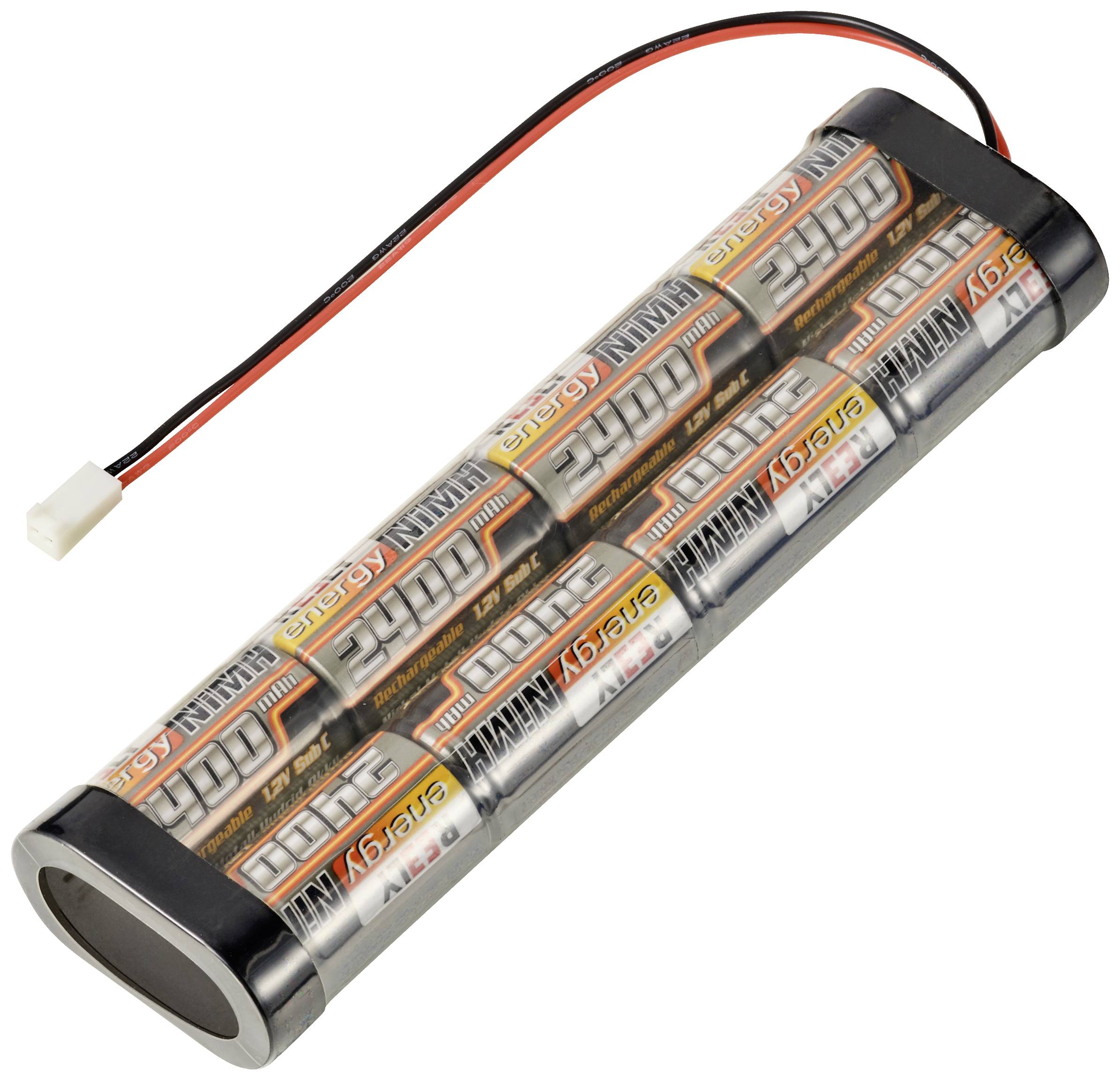Válcový bateriový pack s několika bateriemi AA, obalen průhlednou fólií. Nahoře jsou připojeny červený a černý kabel.