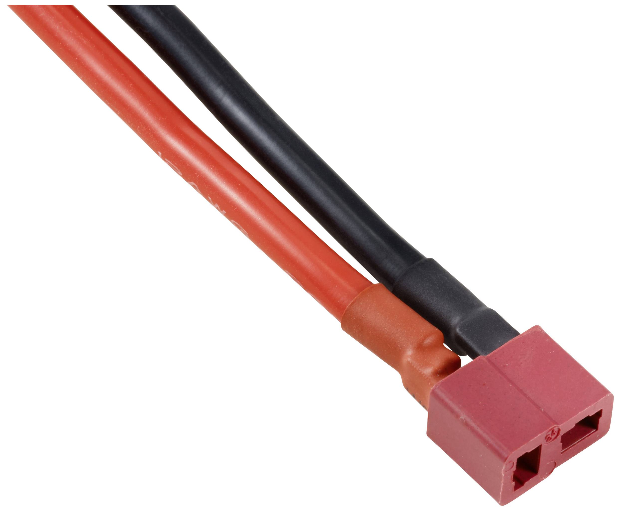Dva elektrické kabely, jeden červený a jeden černý, propojené červeným konektorem.