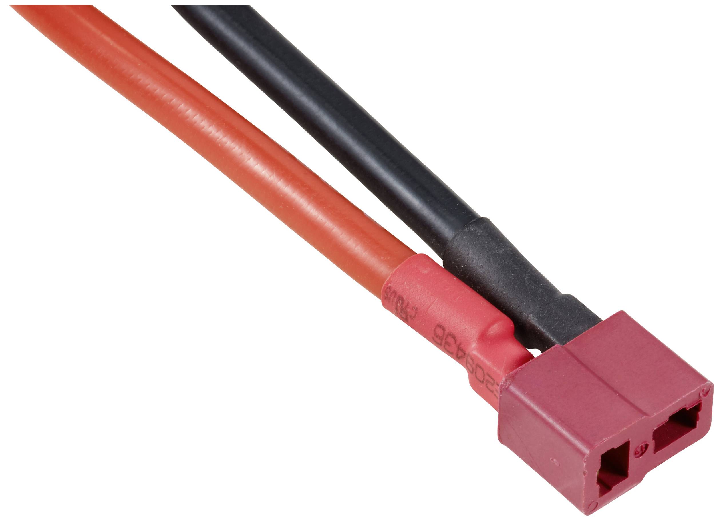 Červený a černý kabel ústí do červeného plastového konektoru.