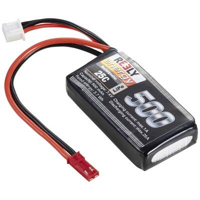 Černý lithium-polymerový akumulátor s červeným a černým kabelem a konektorem. Nápis: „500 mAh, 7,4 V". Vhodný pro dálkově ovládané modely.