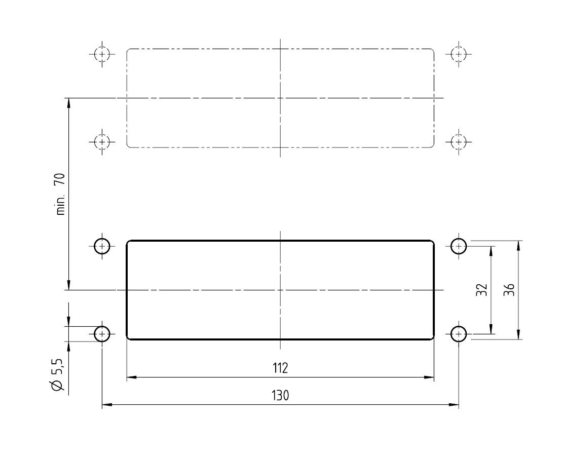 Technický výkres obdélníkového dílu s rozměry: 130x70 mm. Vyznačeny jsou otvory o průměru 5,5 mm a polohy šroubů.