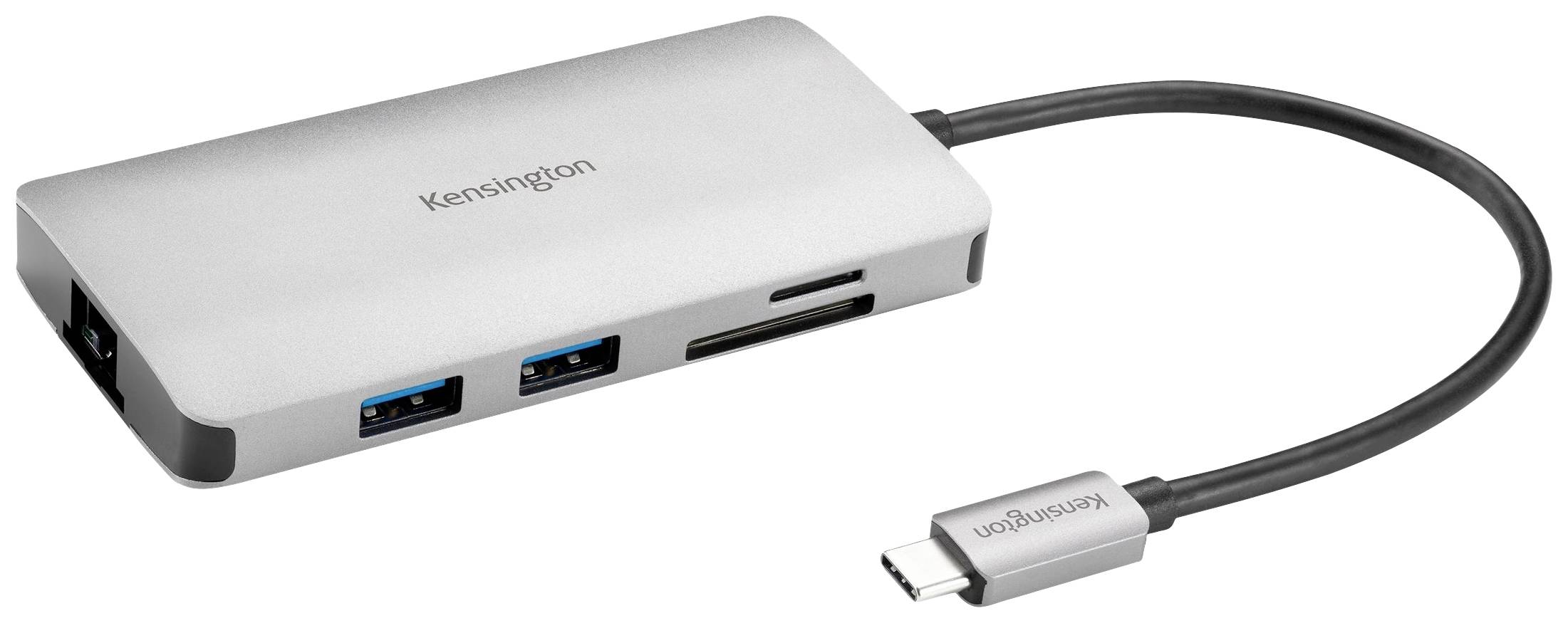 Stříbrný USB-C hub s několika porty, včetně dvou USB portů, slotu na SD kartu a HDMI portu.