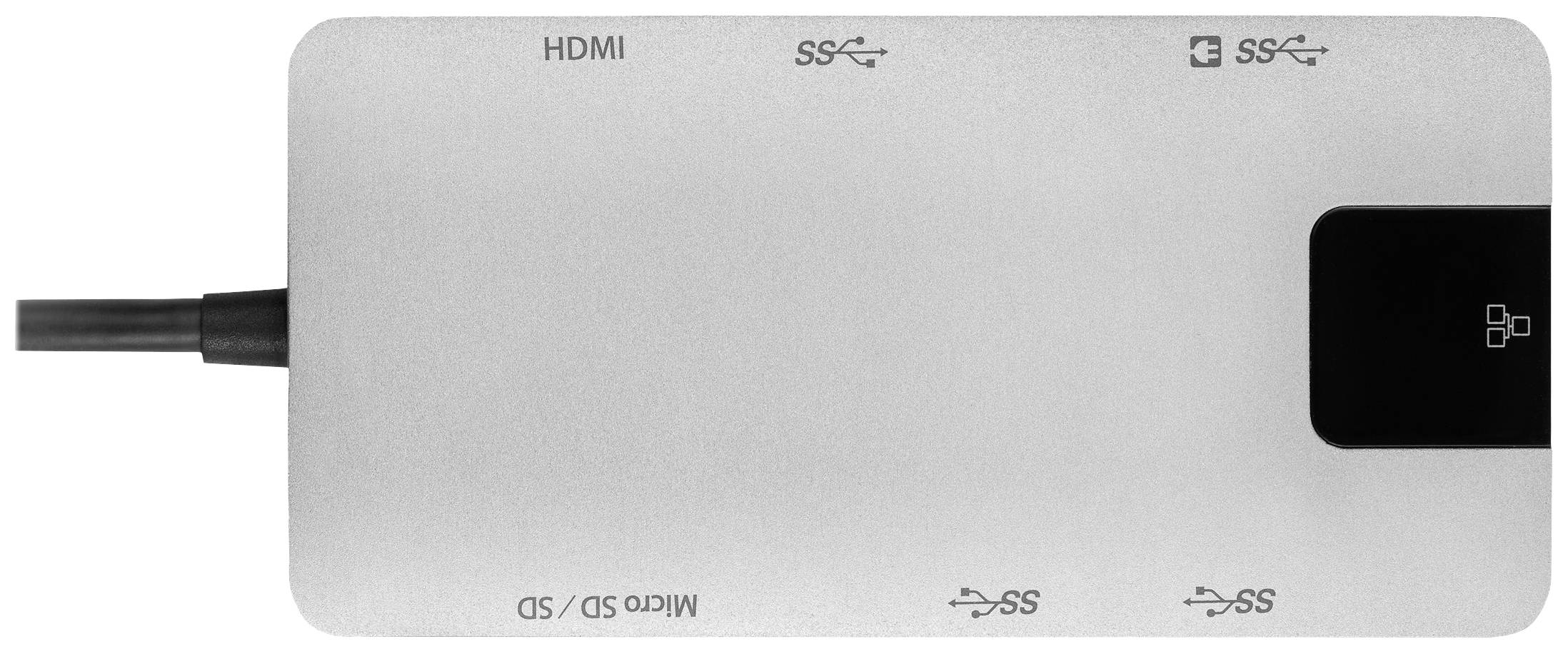Stříbrný USB-C hub s porty: HDMI, dva USB, Micro SD, SD. Kabel je připojen vlevo. Ideální pro připojení k počítači.