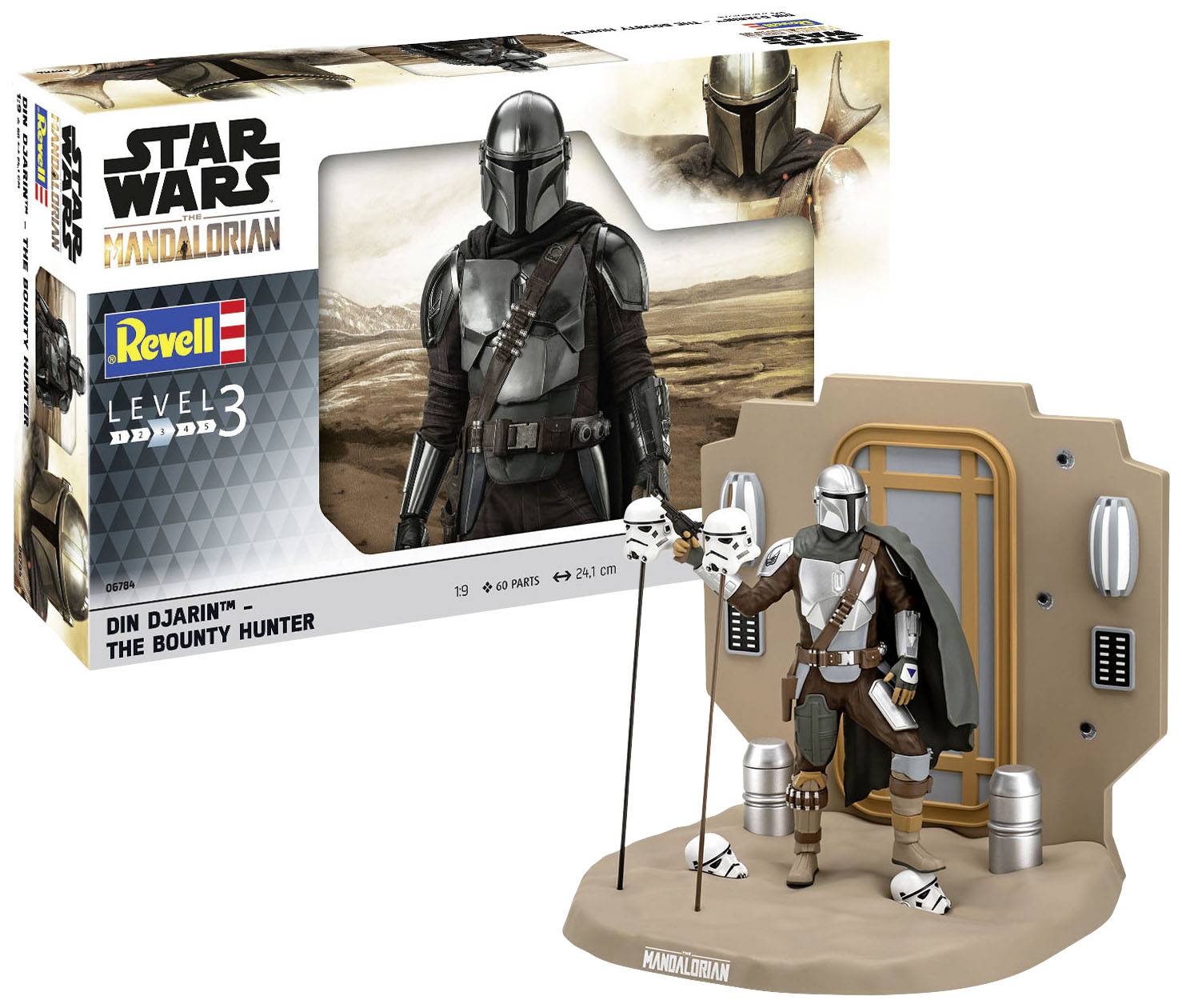 Obal modelu Revell ze série Star Wars zobrazuje Mandaloriana s miniaturní figurkou a dioramatem v popředí.