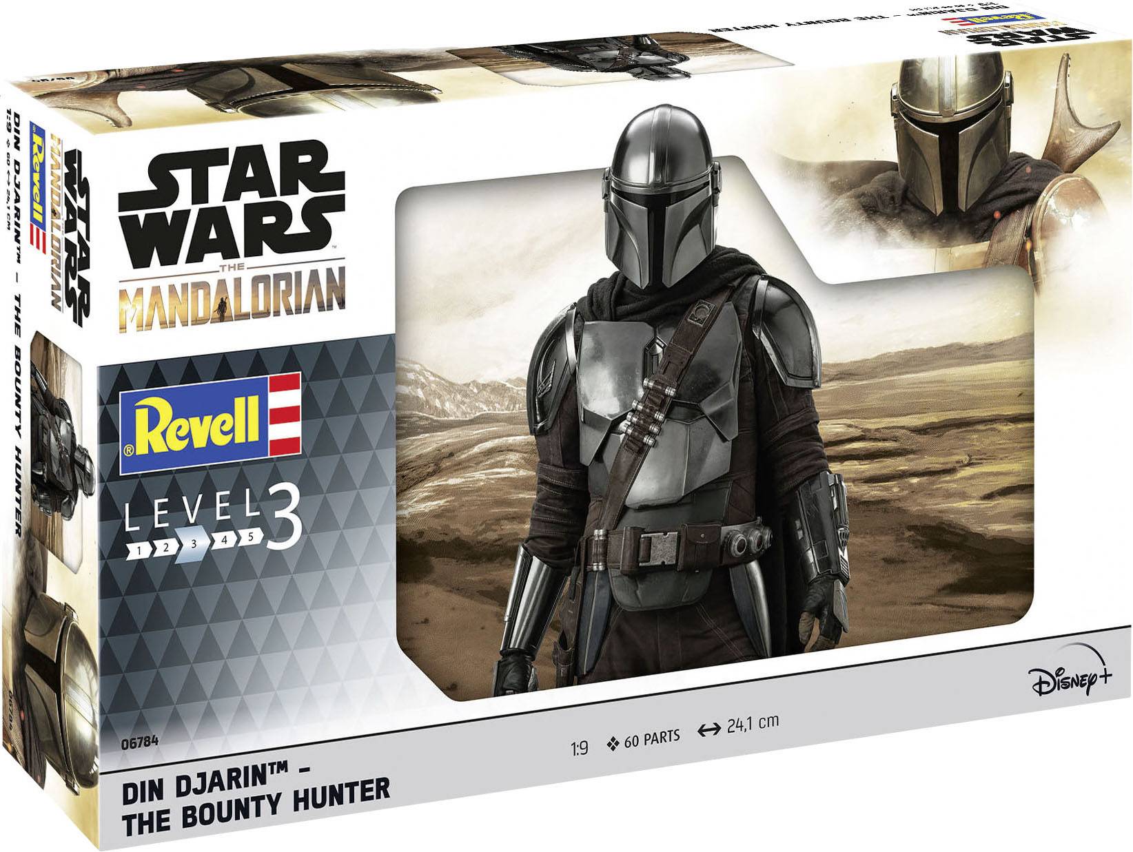 Obal modelu Revell Level 3 'Din Djarin - Lovec odměn' ze série 'Star Wars: Mandalorian', obsahující 19 dílů.