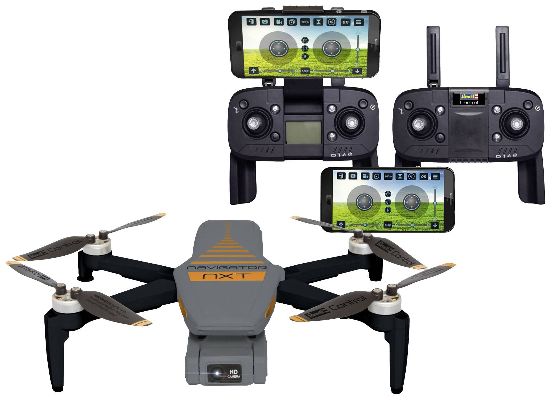 Dron s dálkovým ovládáním a obrazovkou smartphonu. Obrazovky zobrazují ovládací prvky a krajinu.