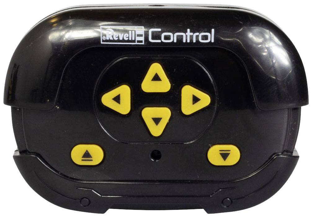 Černý dálkový ovladač se žlutými navigačními tlačítky. Vlevo nahoře je logo 'Revell Control'. Ideální pro ovládání hraček aut.