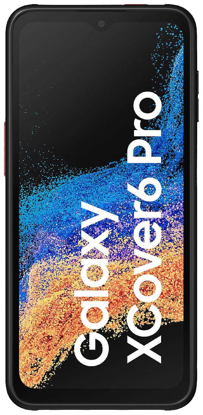 Smartphone s robustním tělem, na displeji zobrazeno 'Galaxy XCover6 Pro'. Před pozadím v černé, modré a oranžové barvě.