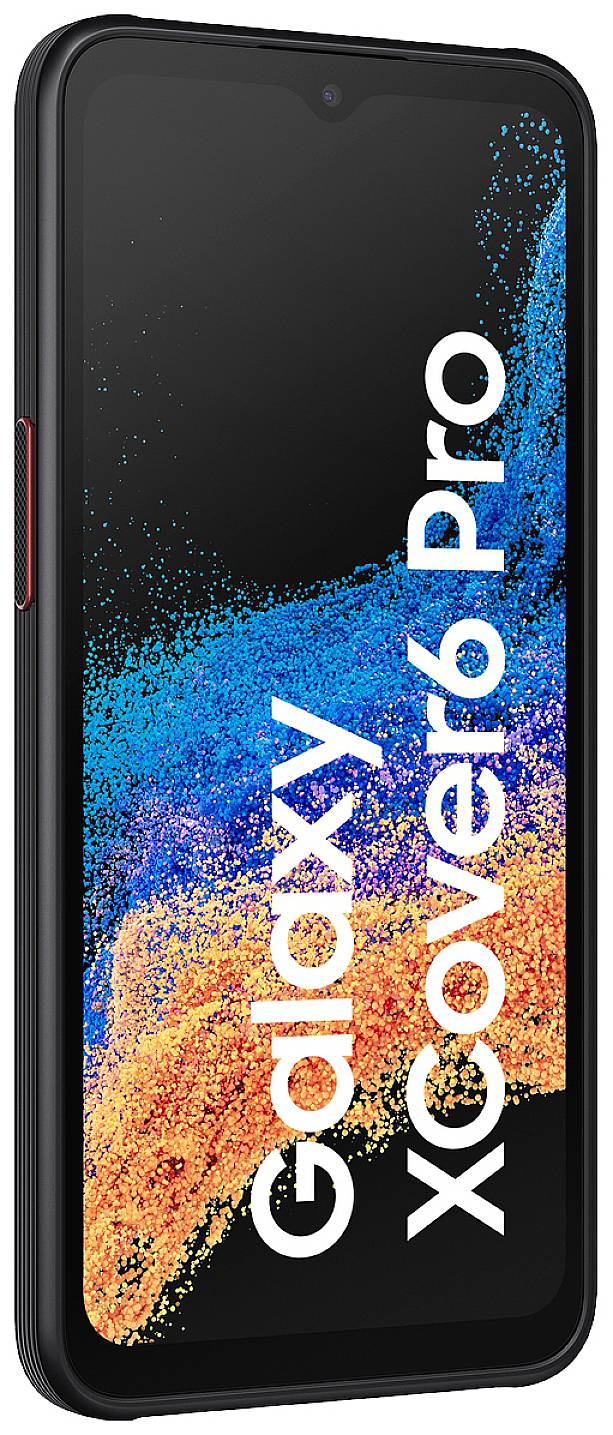Smartphone s obdélníkovým designem s nápisem 'Galaxy XCover6 Pro' na obrazovce.