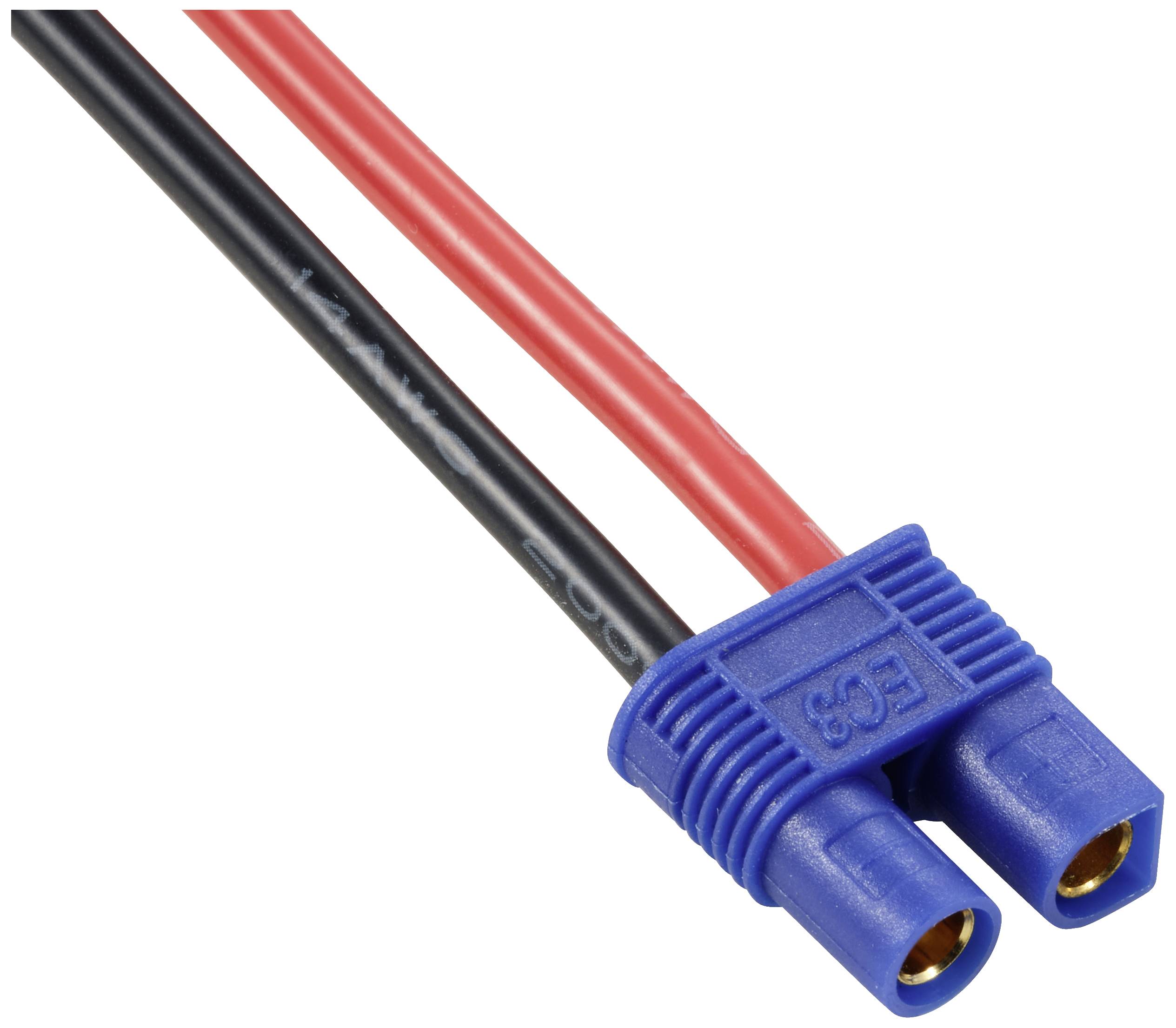 Dva elektrické kabely, červený a černý, s modrým konektorem EC3.