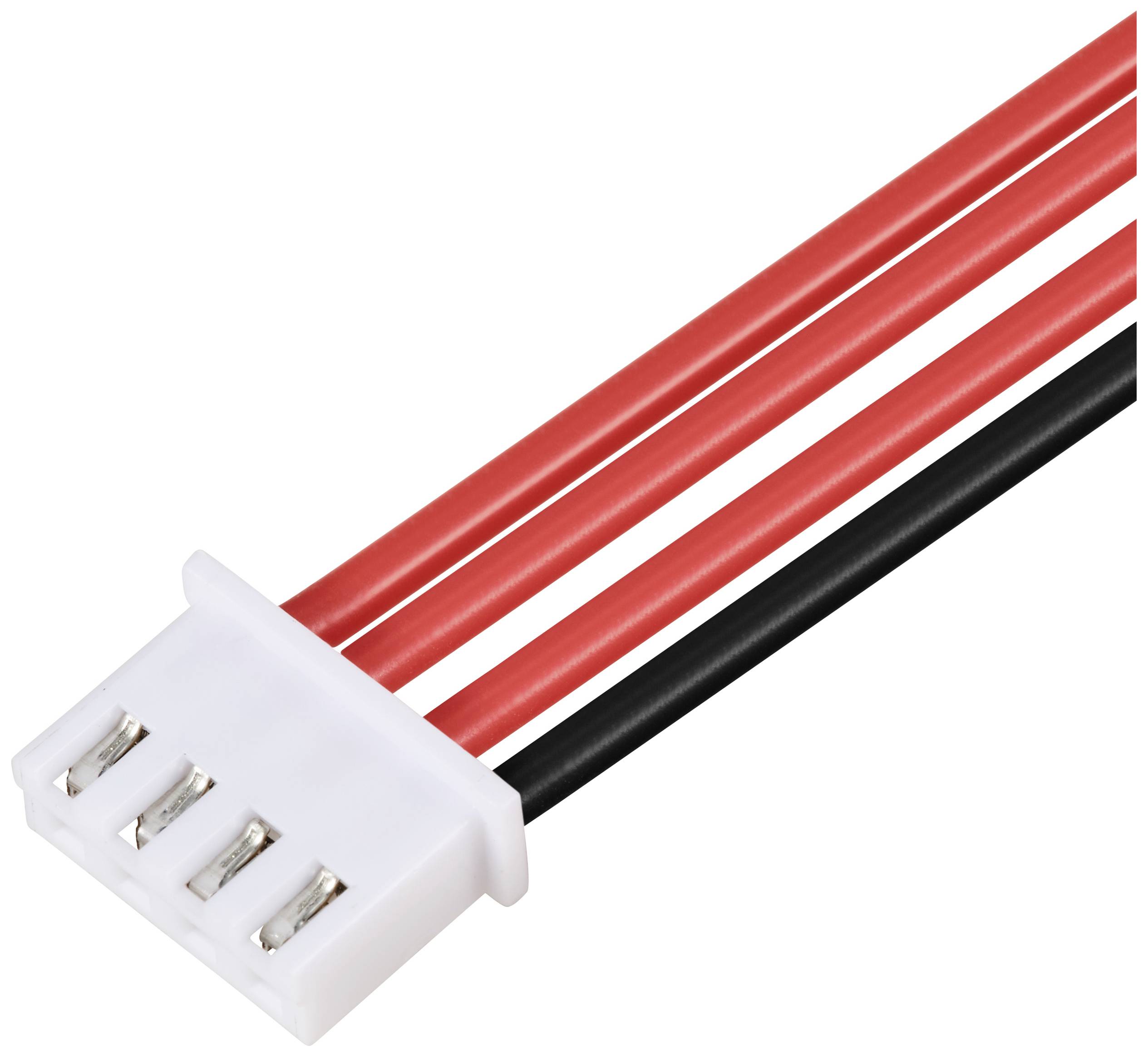 Konektor se čtyřmi kolíky, bílé pouzdro, tři vodiče: dva červené, jeden černý. Používá se pro elektrická propojení.
