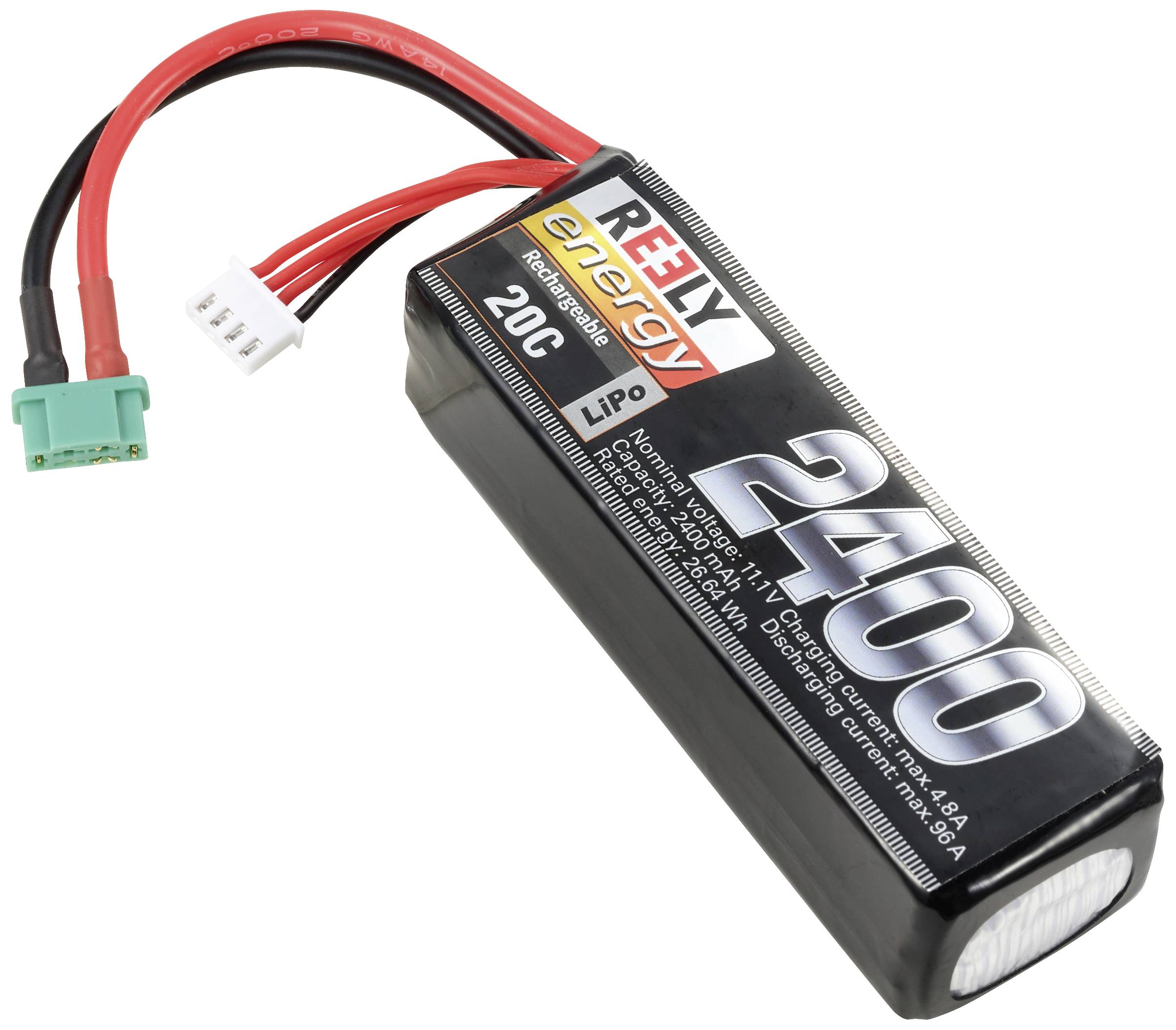 Lithium-polymerový akumulátor s kapacitou 2400 mAh, černý obal, červené a černé kabely a zelený připojovací konektor.