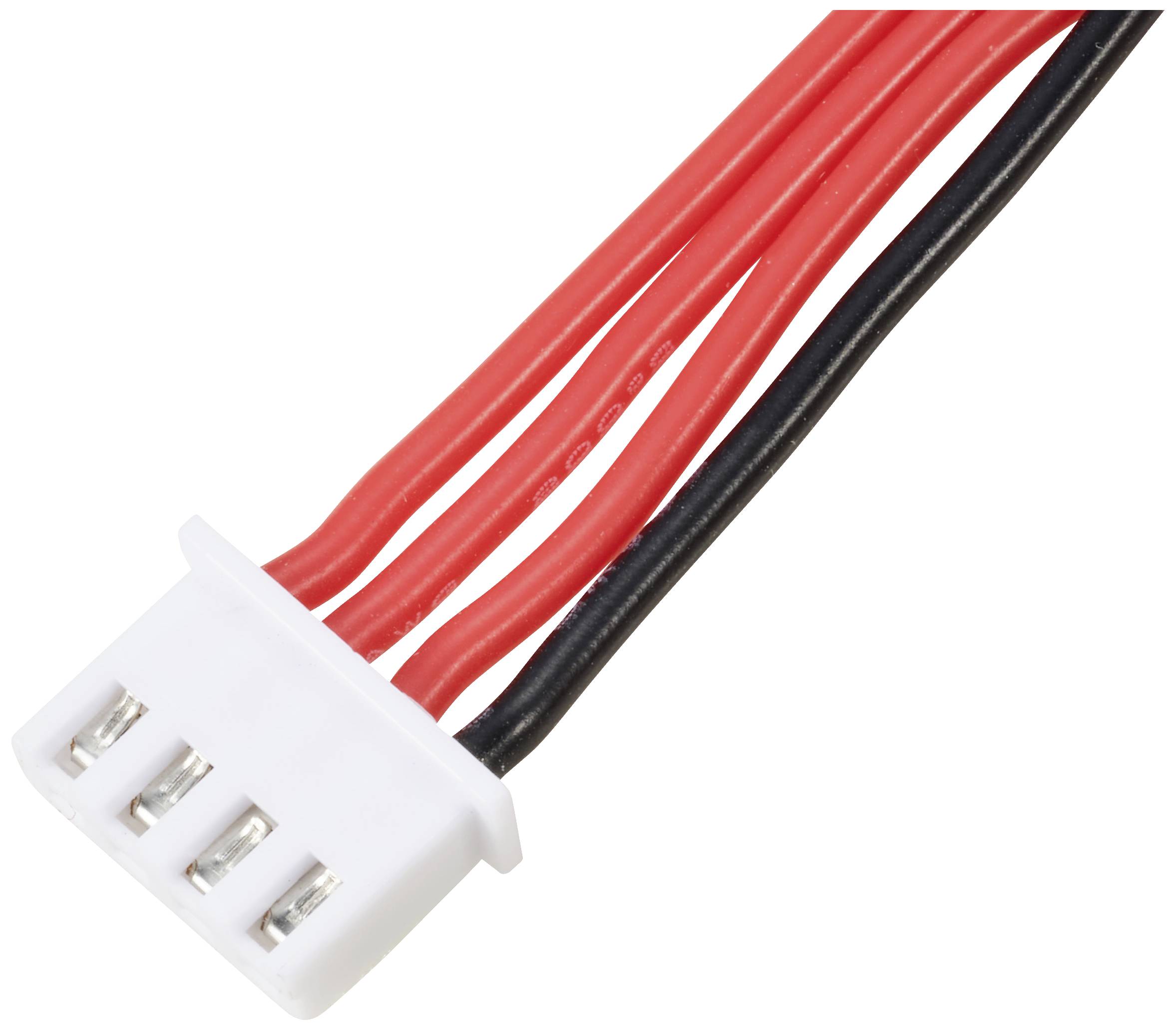 Bílý 4-pólový konektor s dvěma červenými a dvěma černými vodiči, vhodný pro elektrické připojení.