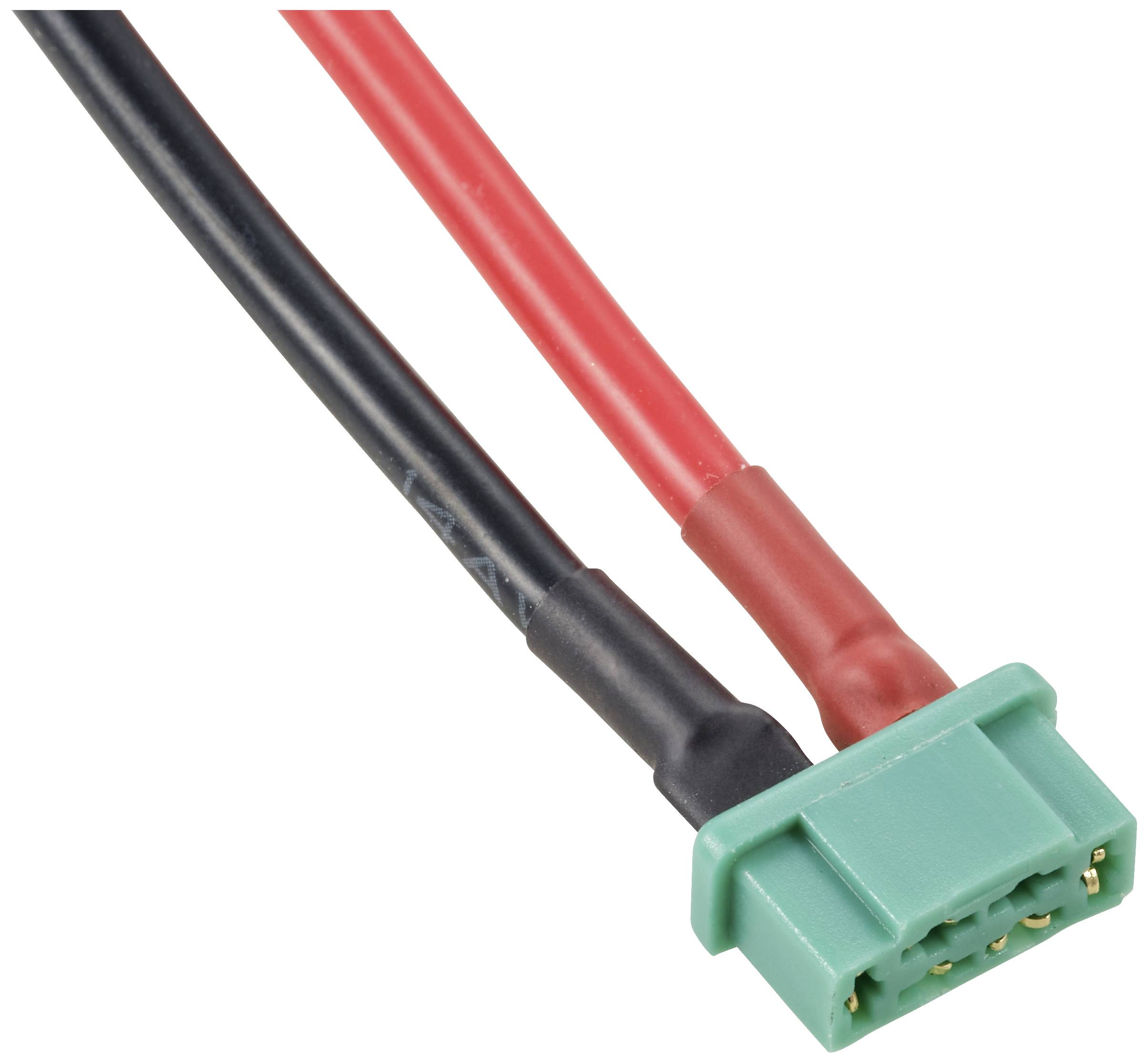 Černý a červený kabel vedou k zelenému konektoru s kovovými kontakty.