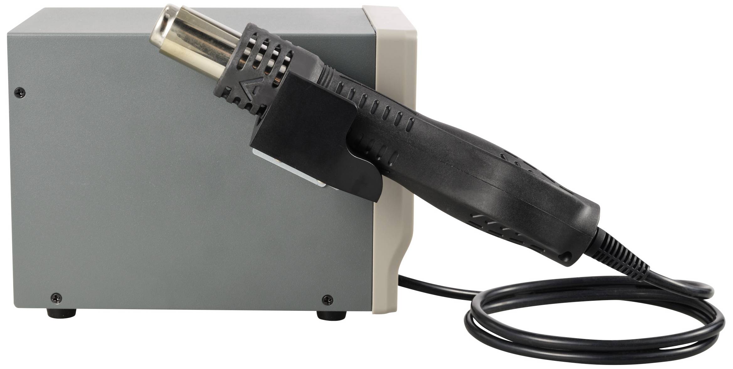Elektronická pájecí stanice s držákem, používaná k pájení elektronických součástek. Černá rukojeť, šedý kryt.