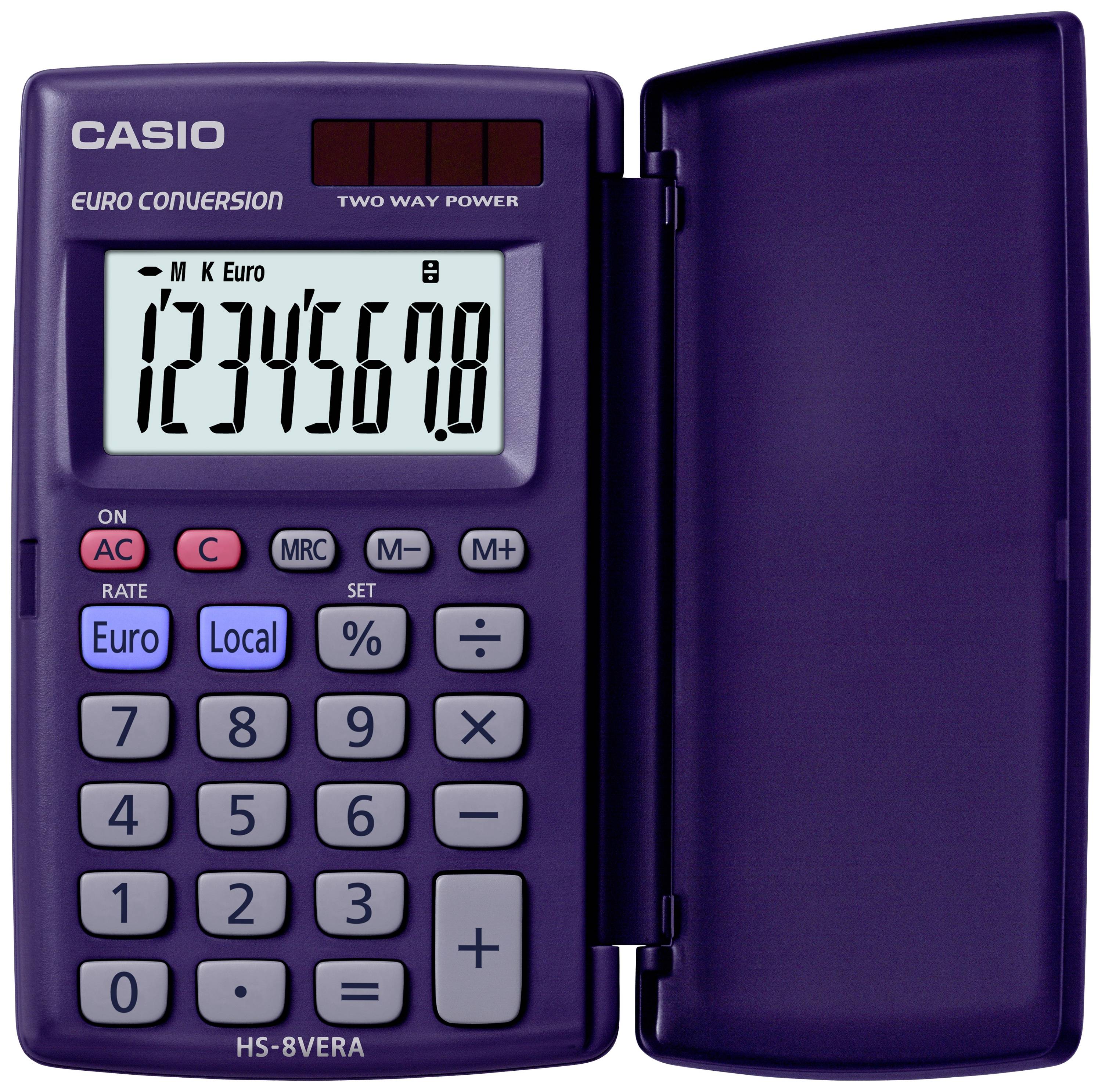 Kalkulačka s funkcí přepočtu na euro, značky Casio. Zobrazuje číslo '12345678'. Barva krytu fialová, otevřený design.