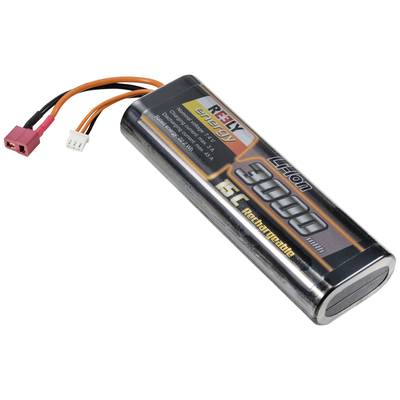 Lithium-iontová baterie s nápisem 'Reely Energy', 3000 mAh, 15C, dobíjecí. Dva konektory, černé a oranžové kabely.