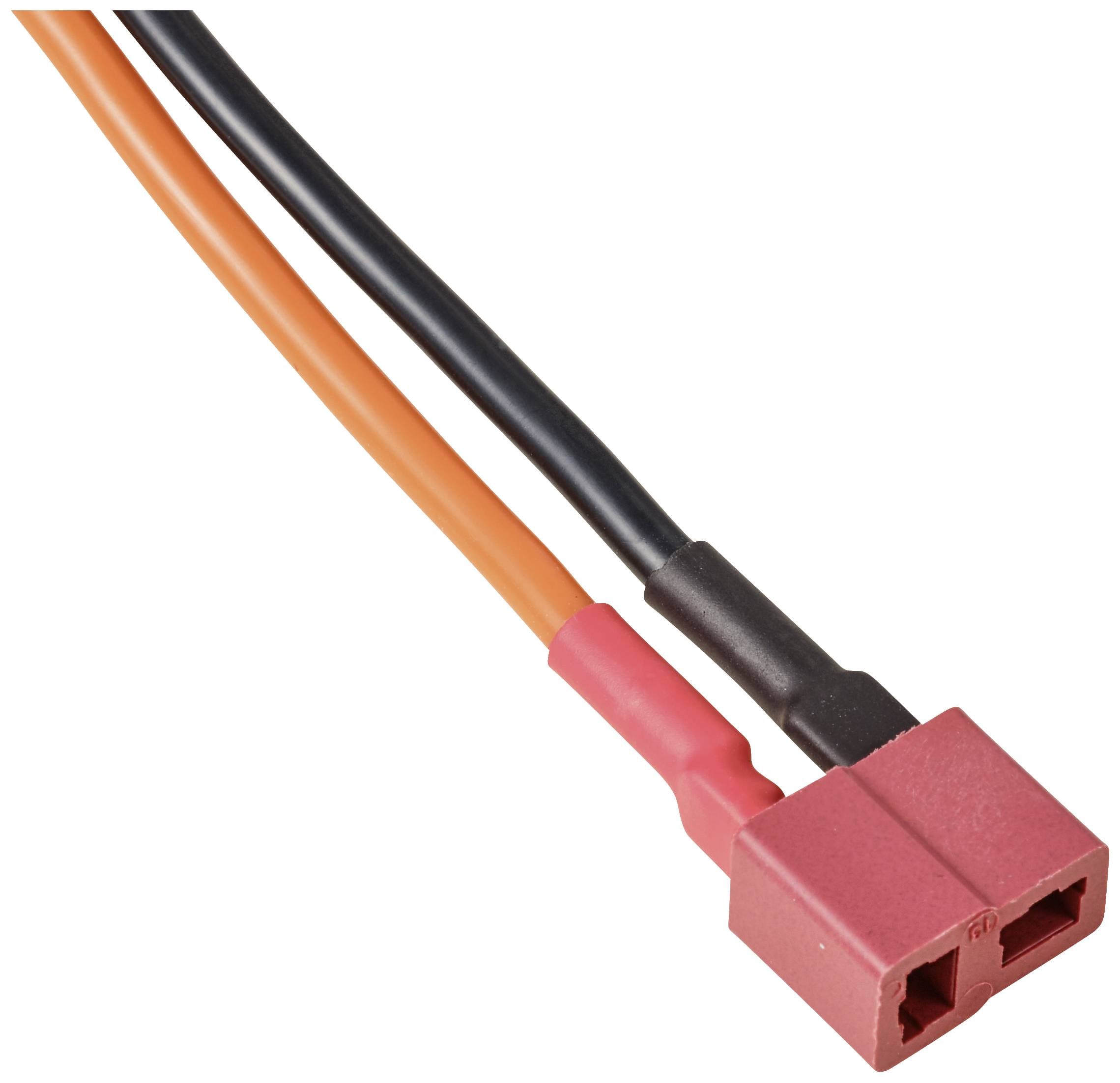 Detailní záběr červené elektrické zástrčky se dvěma vyvedenými kabely, jedním černým a druhým oranžovým.