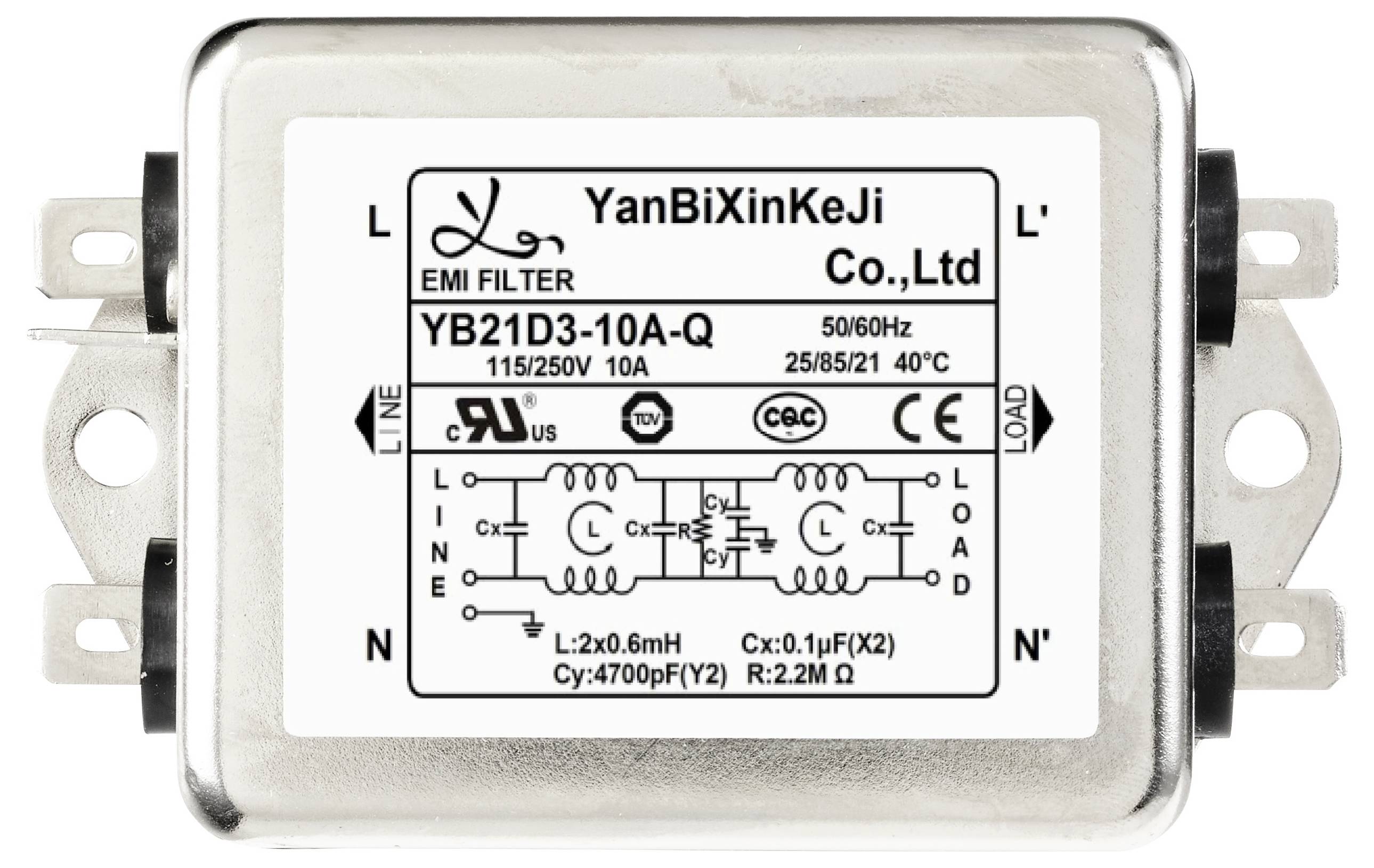 'EMI filtr YB21D3-10A-Q' označený s parametry: 115/250V, 10A, 50/60Hz, pracovní teplota 25/85/21 40℃. Obsahuje schéma zapojení na pouzdru.