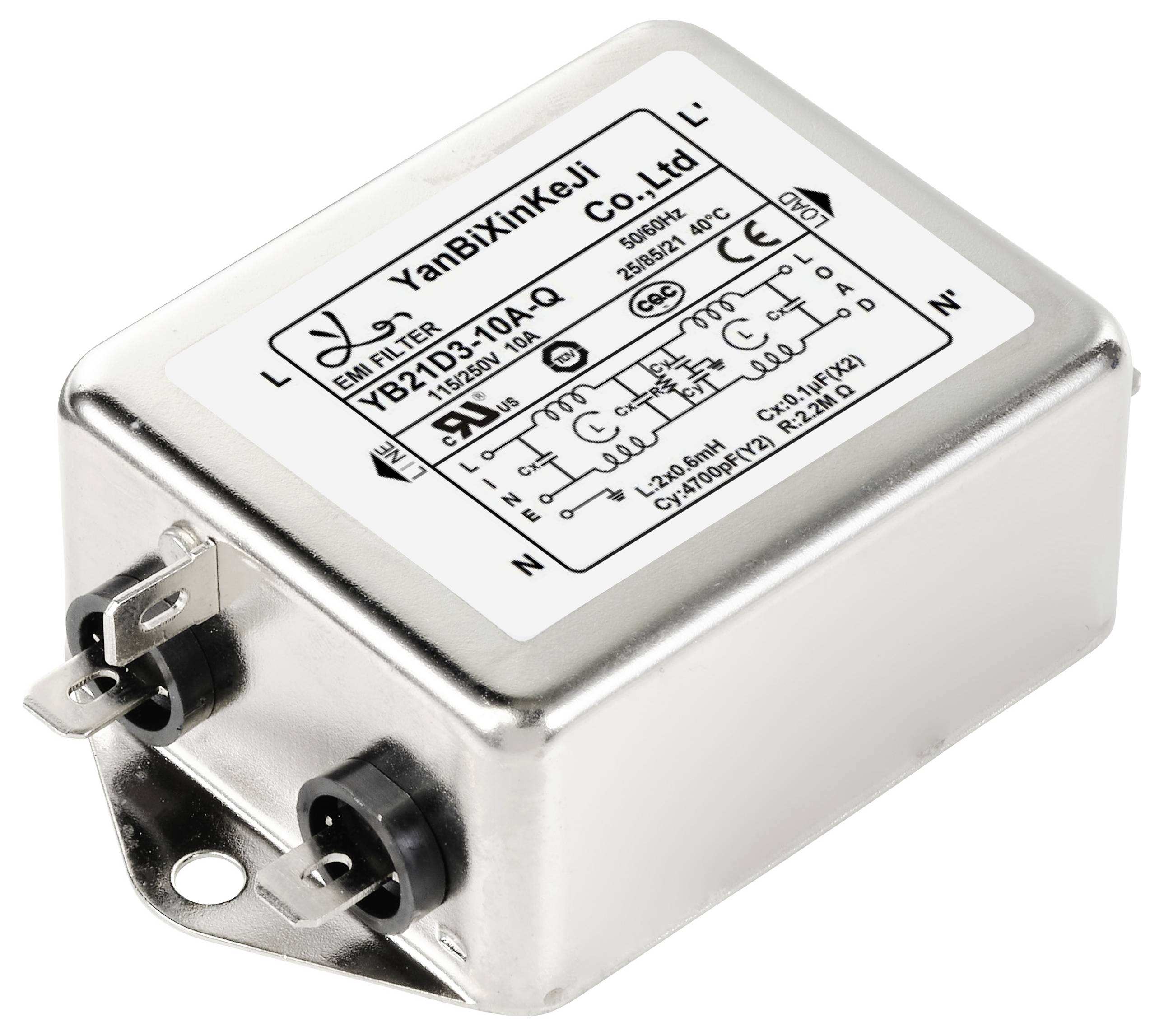 Kovová elektronická součástka označená 'YanBixinKeJi Co., Ltd' s nákresy elektrických specifikací a schématem zapojení.
