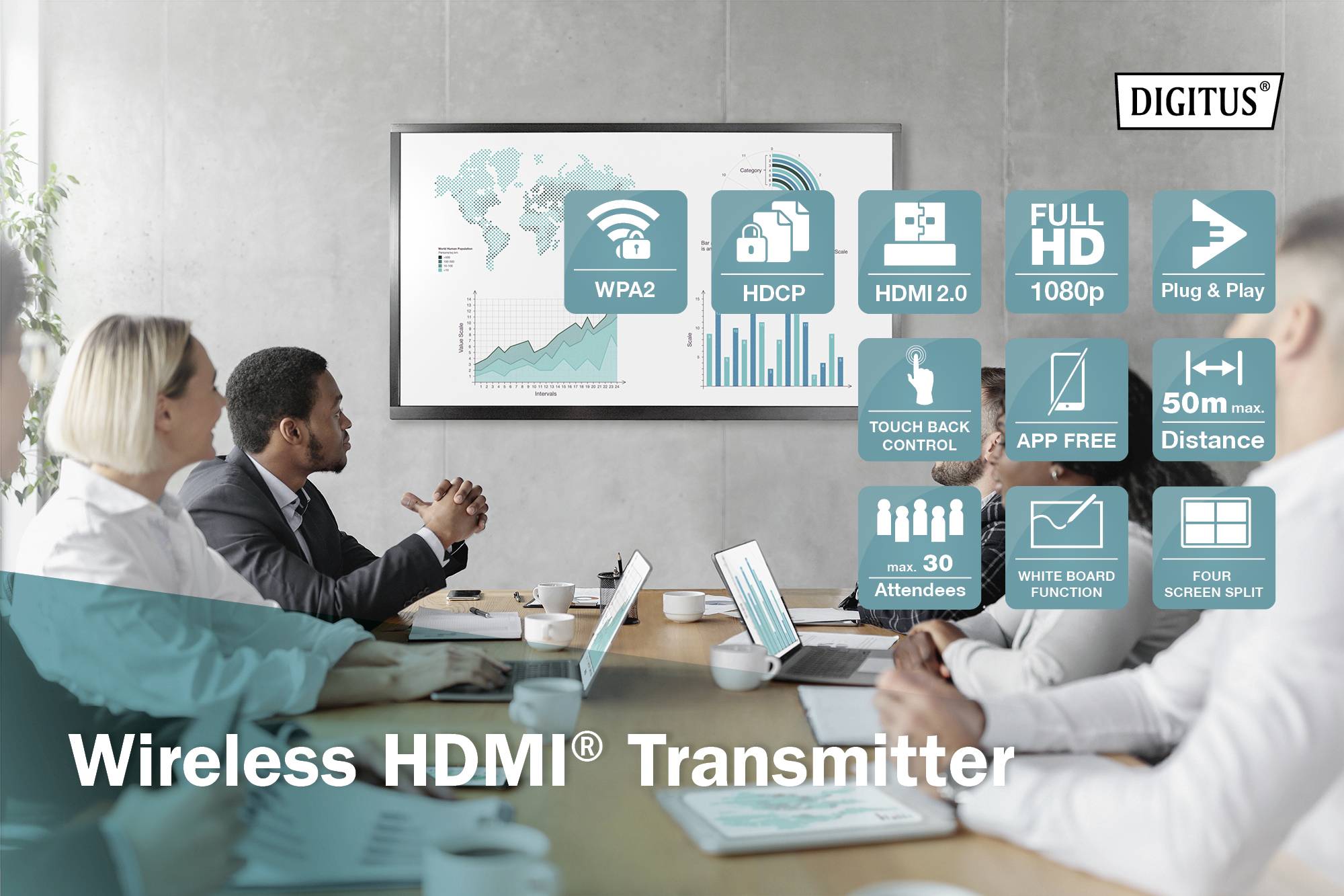 Porada v zasedací místnosti. Lidé sledují obrazovku s infografikou týkající se bezdrátového HDMI vysílače.