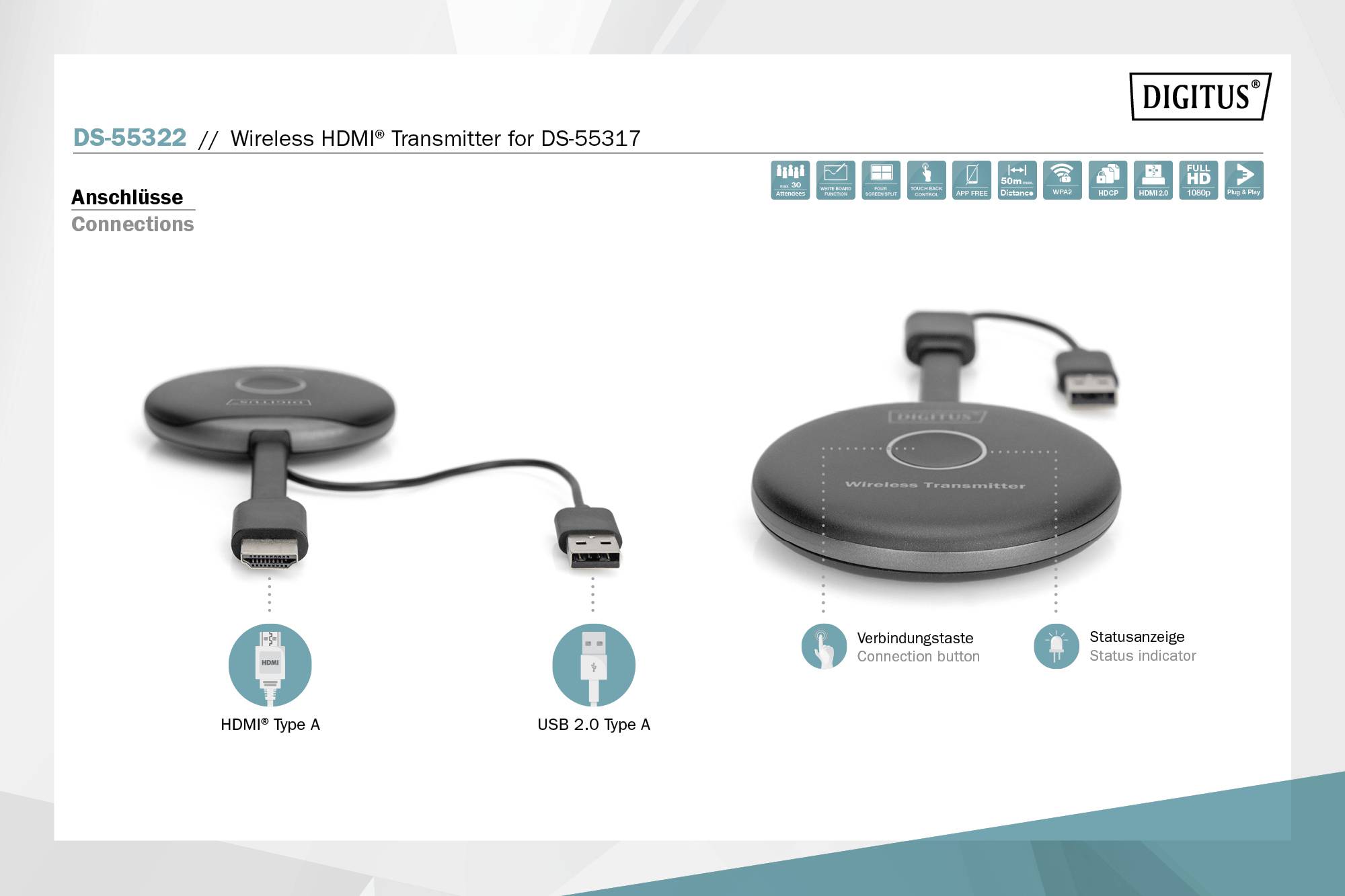 Bezdrátový HDMI vysílač 'DIGITUS', model DS-55322, s HDMI a USB připojením. Symboly: stav připojení a připojovací tlačítko.