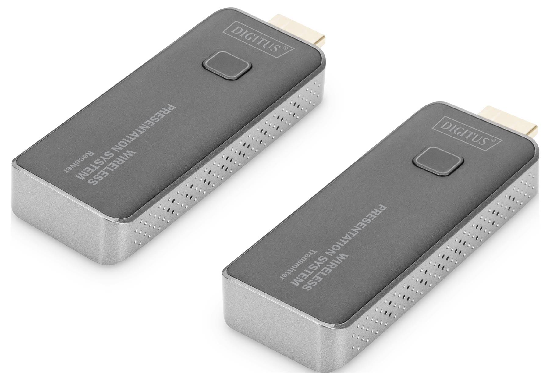Dva bezdrátové prezentační přístroje, šedé a obdélníkové, s HDMI porty, umístěné na bílém pozadí.