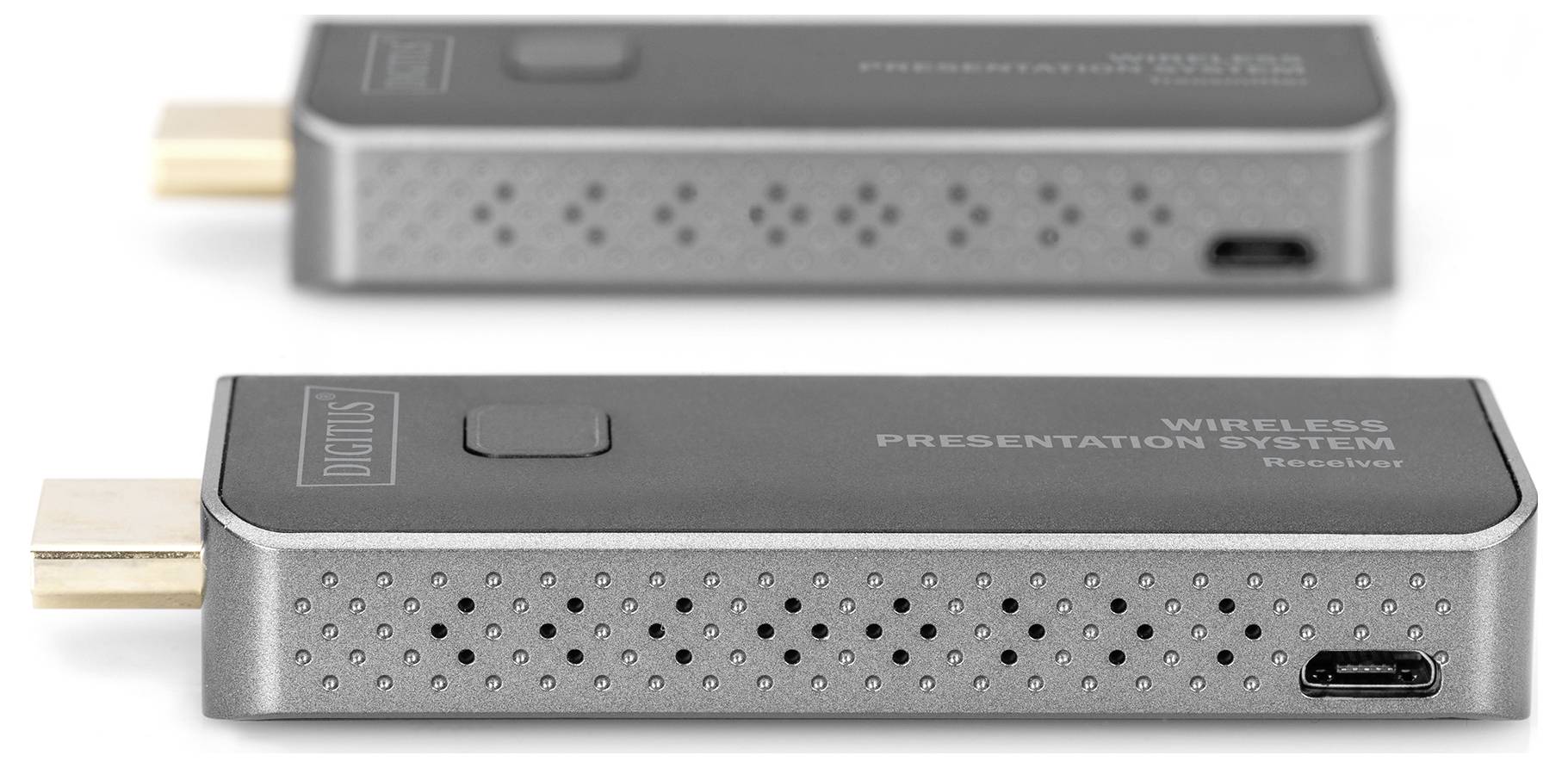 Dva černé bezdrátové přijímače prezentačního systému s HDMI porty, vhodné pro prezentace nebo přenos médií.