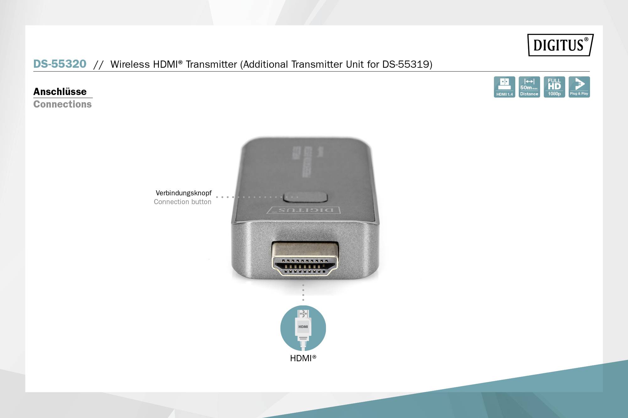 'Bezdrátový HDMI vysílač DS-55320 pro DS-55319, zobrazuje pohled na HDMI připojení. Zvýrazněné tlačítko připojení na straně.'