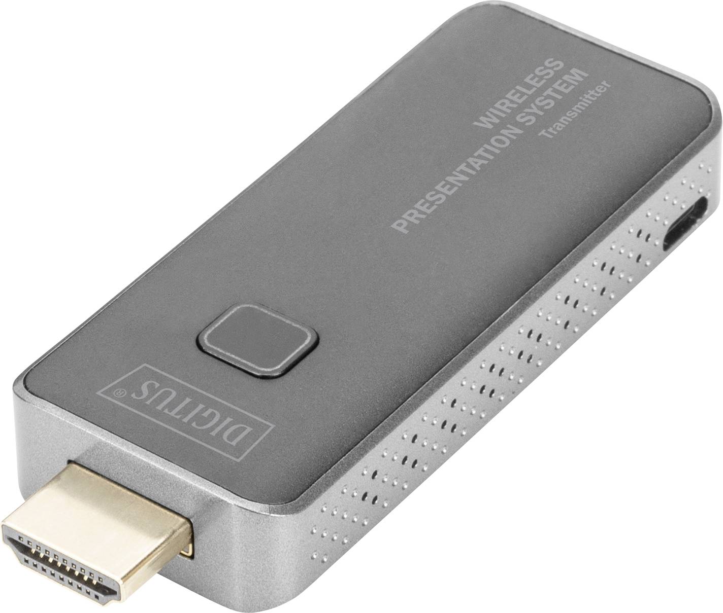 Černý bezdrátový vysílač prezentačního systému s HDMI portem, pravoúhlého a kompaktního tvaru, slouží k přenosu videosignálů.